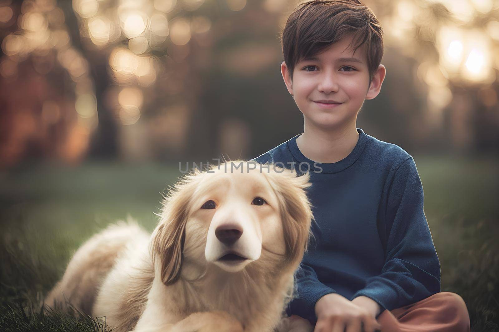 3D Render of Boy and his dog are best friends with beautifully lit bokeh.