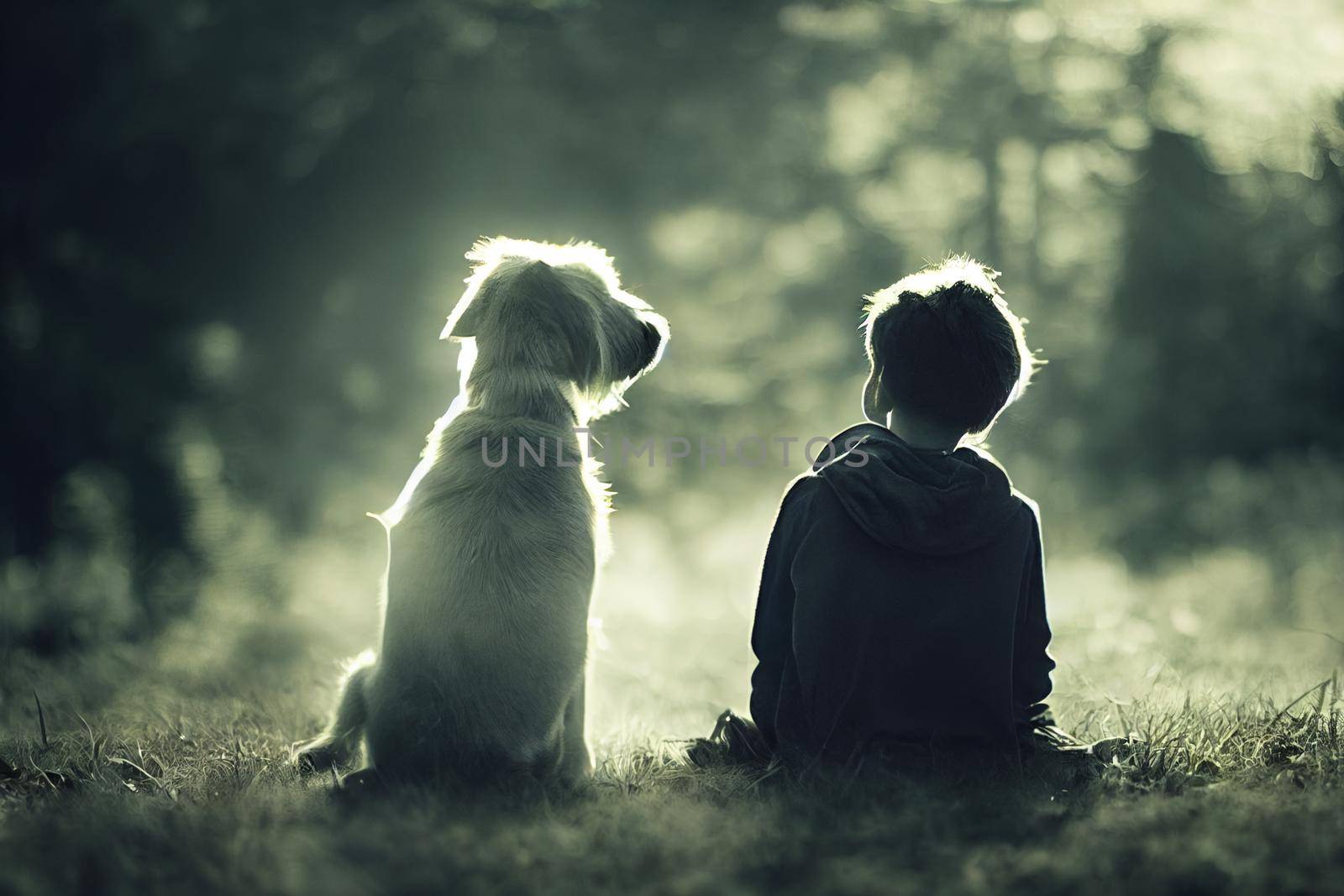 3D Render of Boy and his dog are best friends with beautifully lit bokeh.