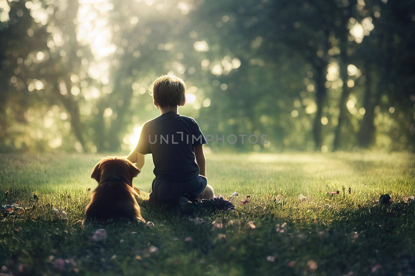 3D Render of Boy and his dog are best friends with beautifully lit bokeh.