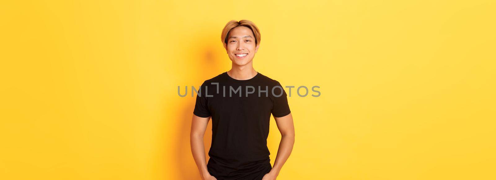 Attractive smiling asian man in black t-shirt, standing pleased, yellow background by Benzoix
