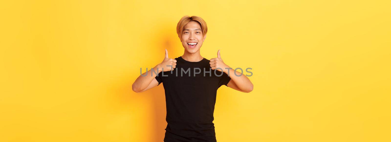 Portrait of satisfied handsome asian male student showing thumbs-up in approval, standing yellow background by Benzoix