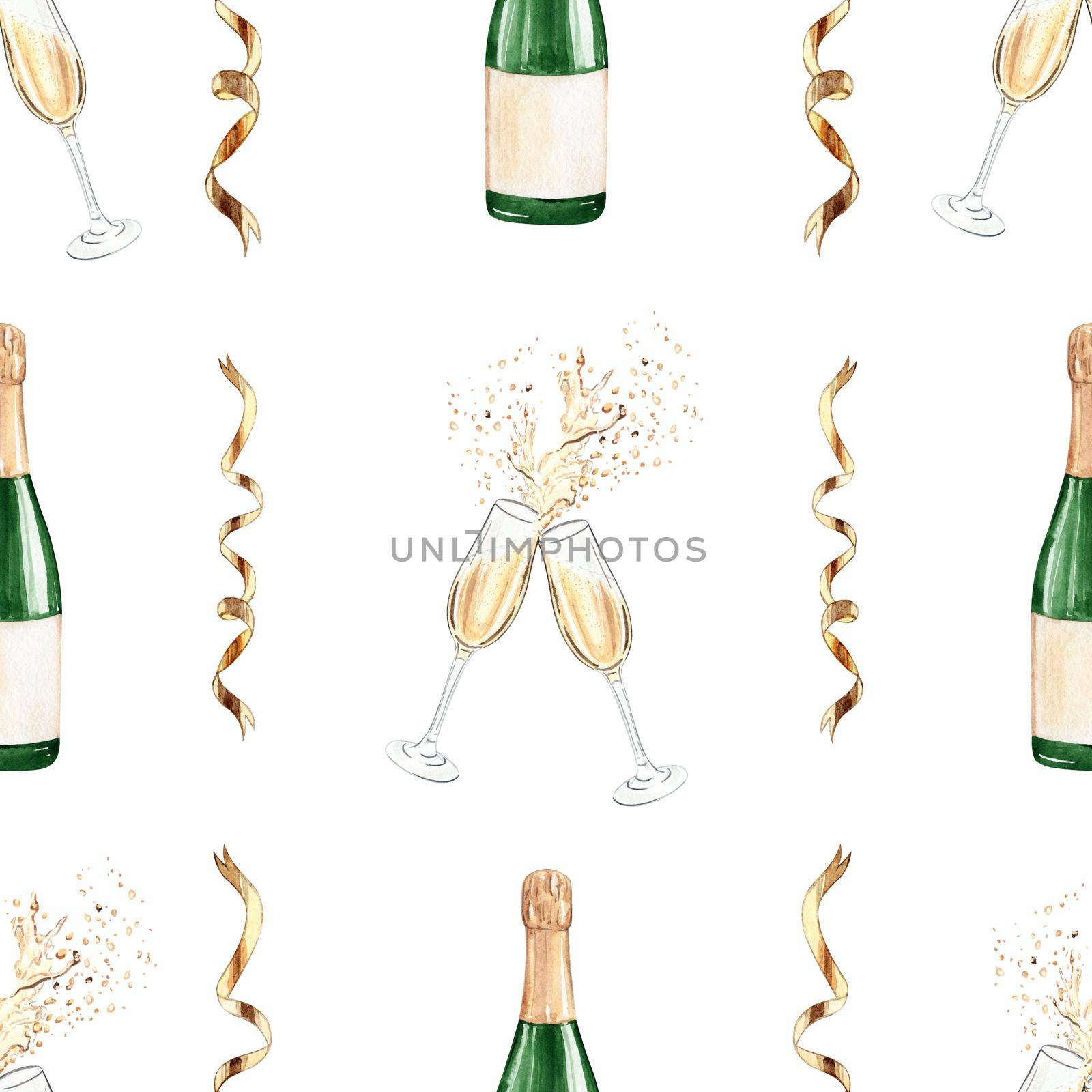 Watercolor champagne glasses and bottles seamless pattern on white background. White wine print for wrapping, wallpaper, menu design, fabric