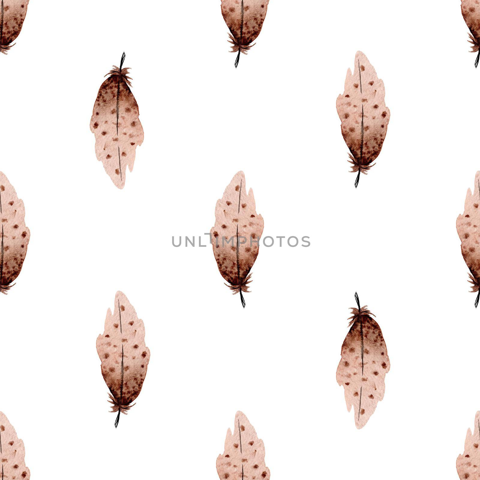 Watercolor brown feathers seamless pattern on white background