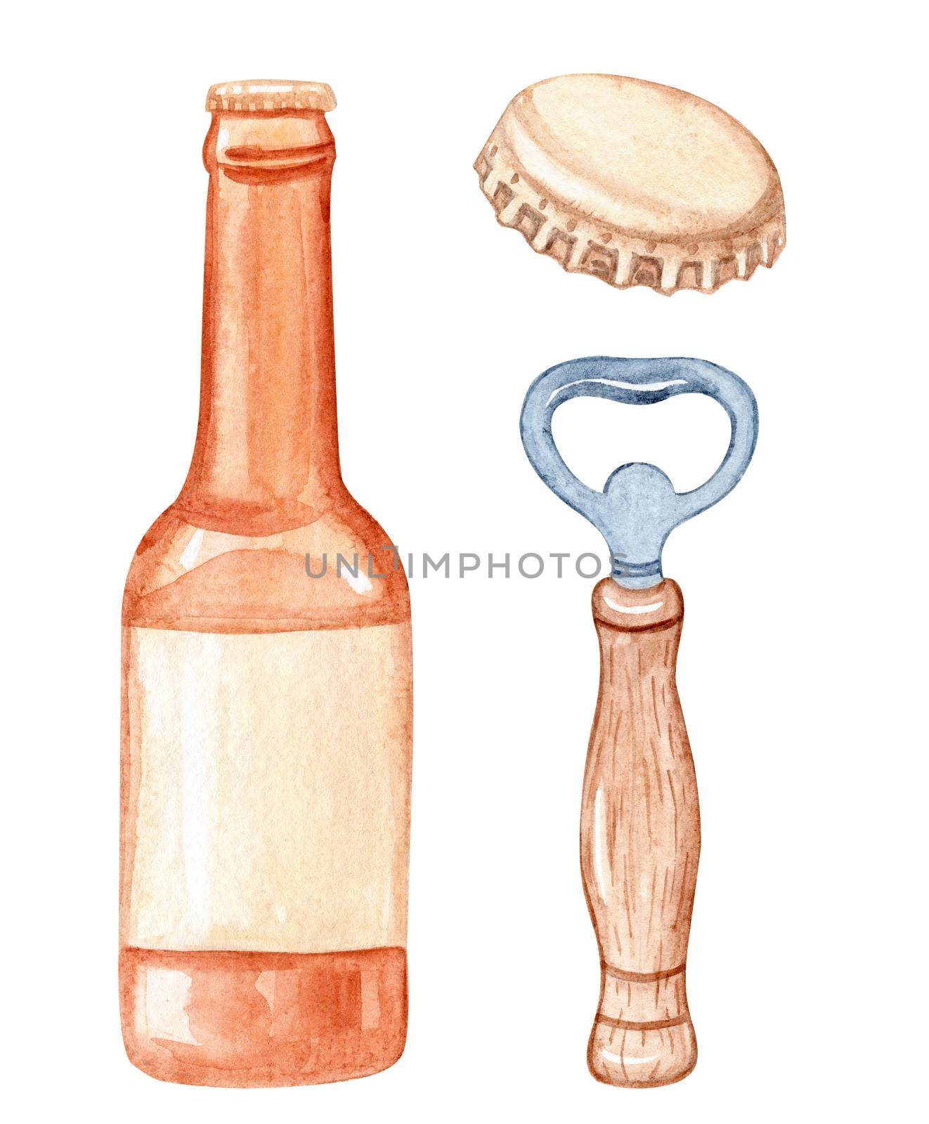 Watercolor brown beer bottle and opener set isolated on white by dreamloud