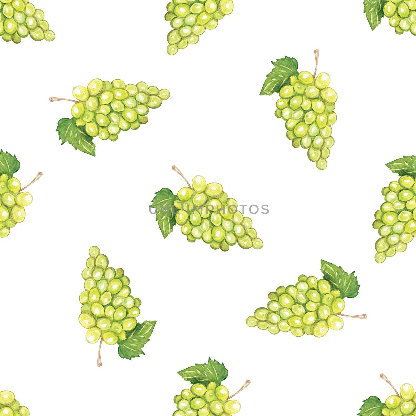 Watercolor green grape seamless pattern on white background