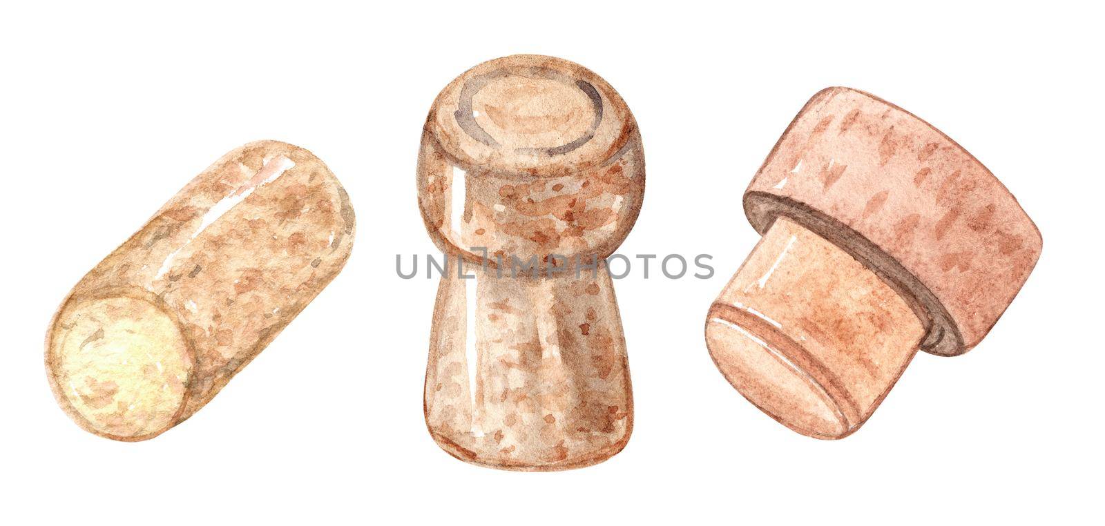 Watercolor cork stoppers set isolated on white background. Wine caps hand drawn illustration