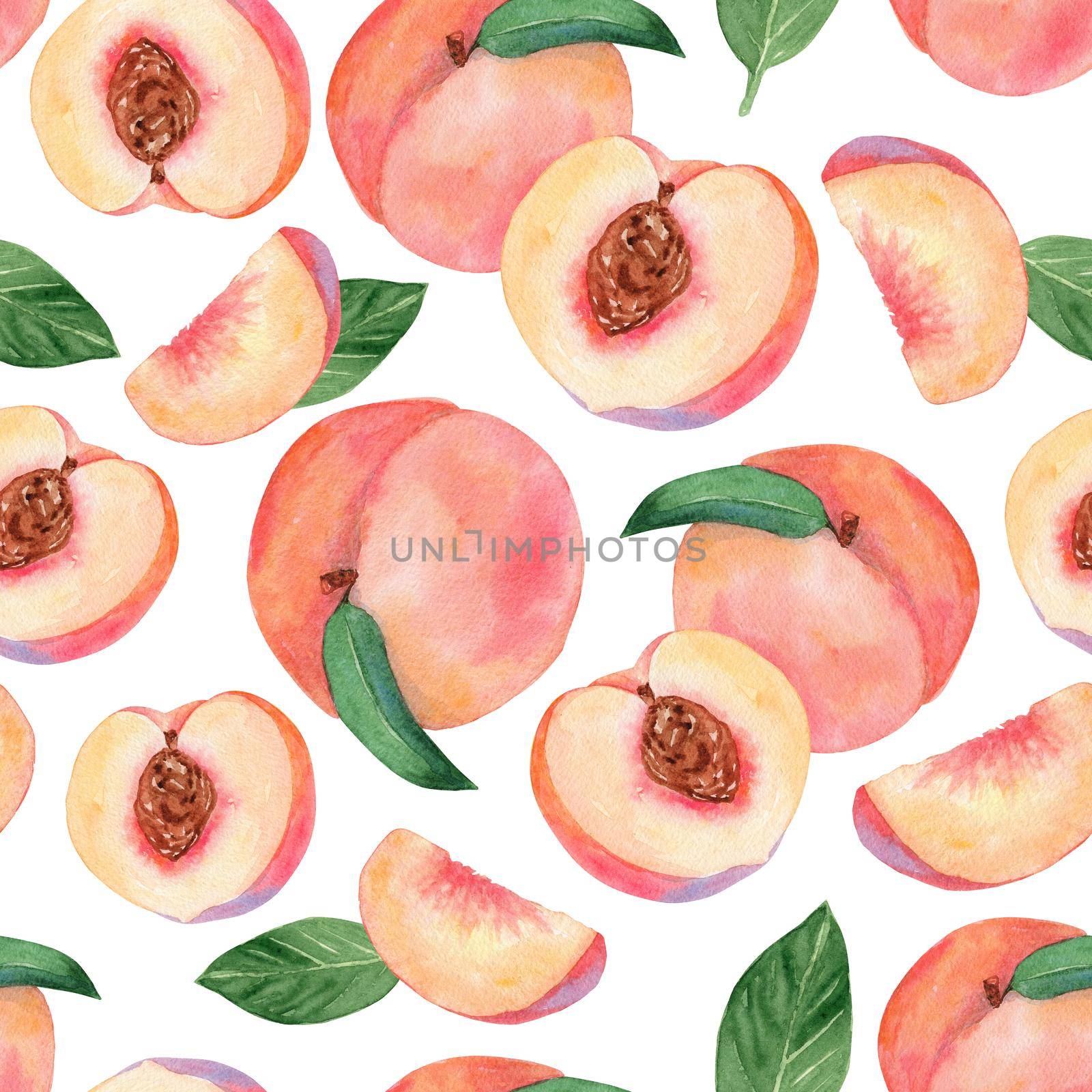 Watercolor peach seamless pattern on white background. Fruit print for wrapping, fabric, wallpaper