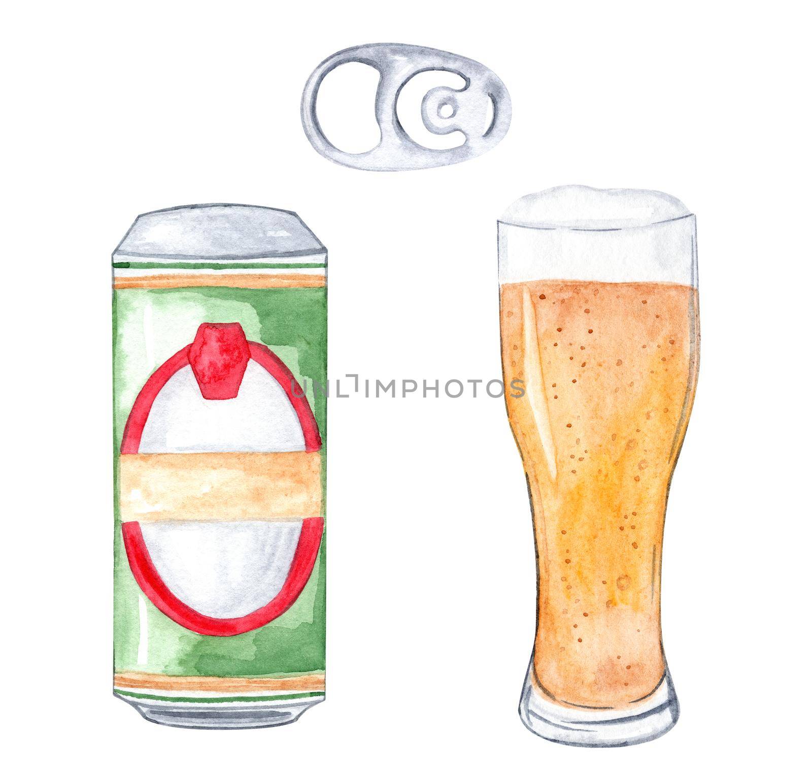 Watercolor beer can and glass set isolated on white background.