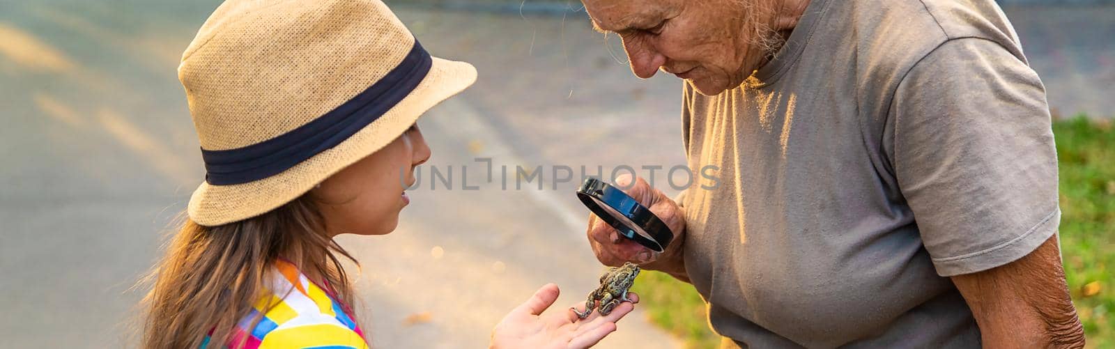 The child is playing with the frog. Selective focus. by yanadjana