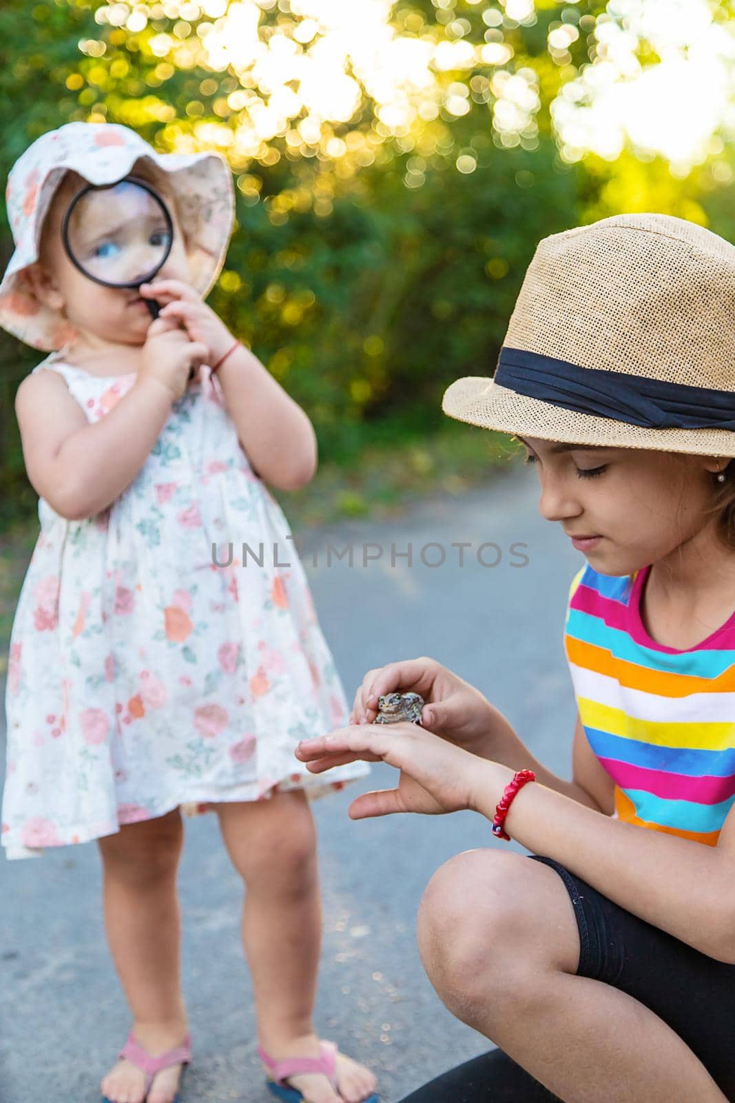 The child is playing with the frog. Selective focus. Kid.