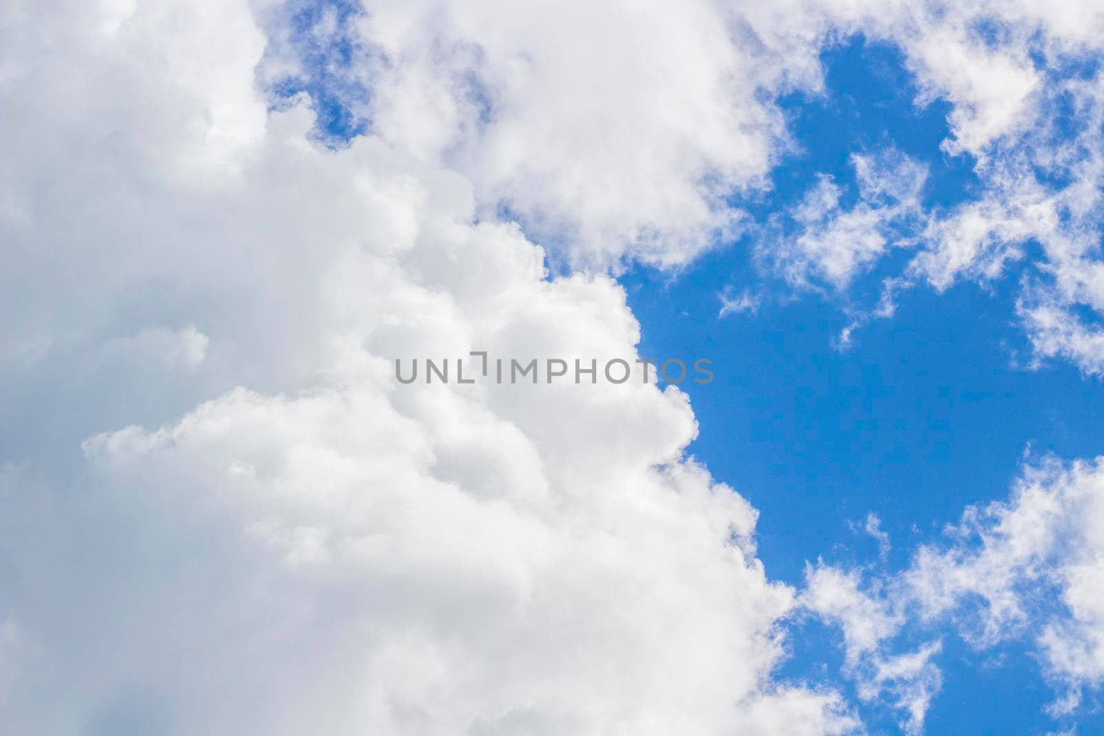 Air Scenic Landscape with Fluffy Clouds at Blue Summer Sky.