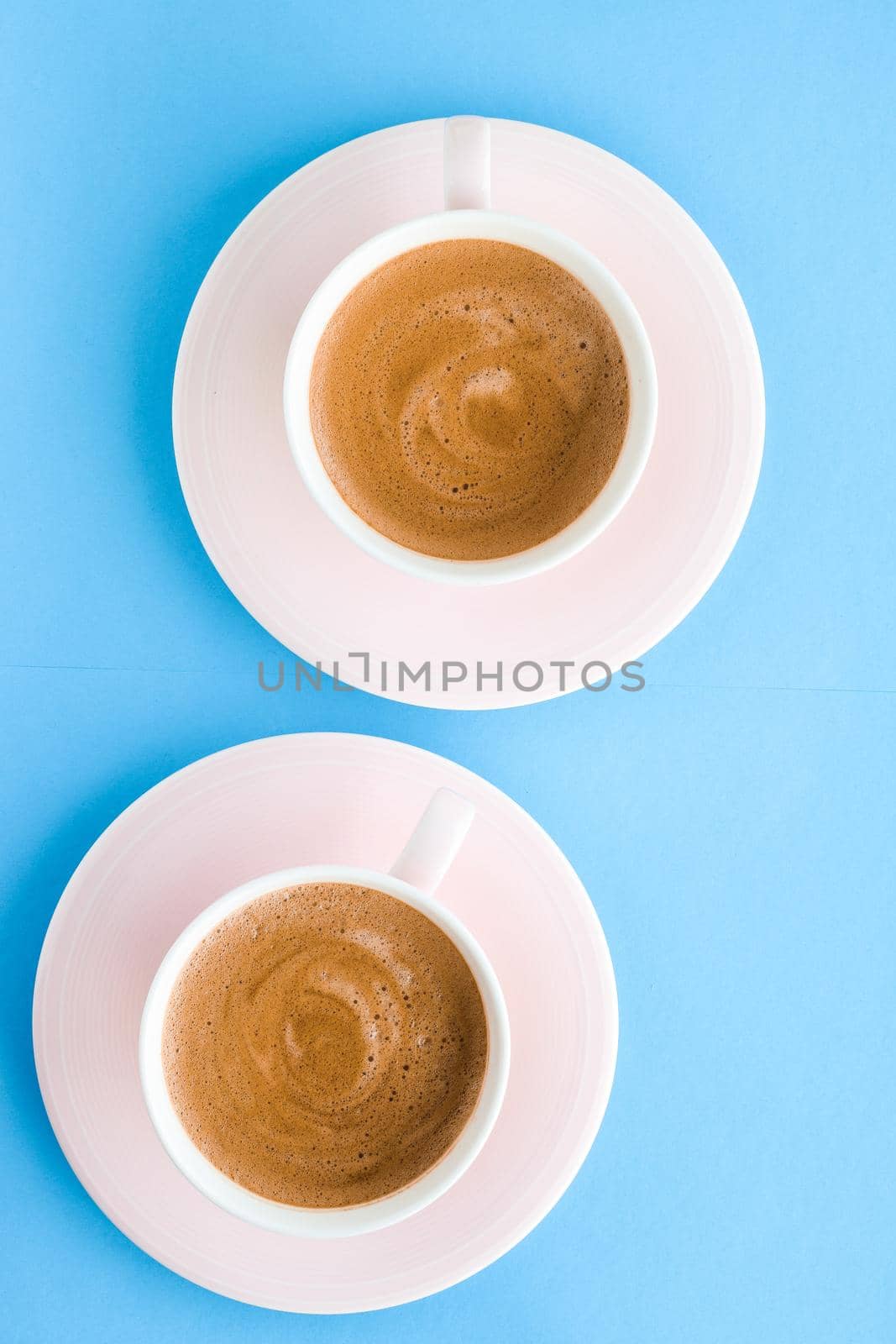 Hot aromatic coffee on blue background, flatlay by Anneleven