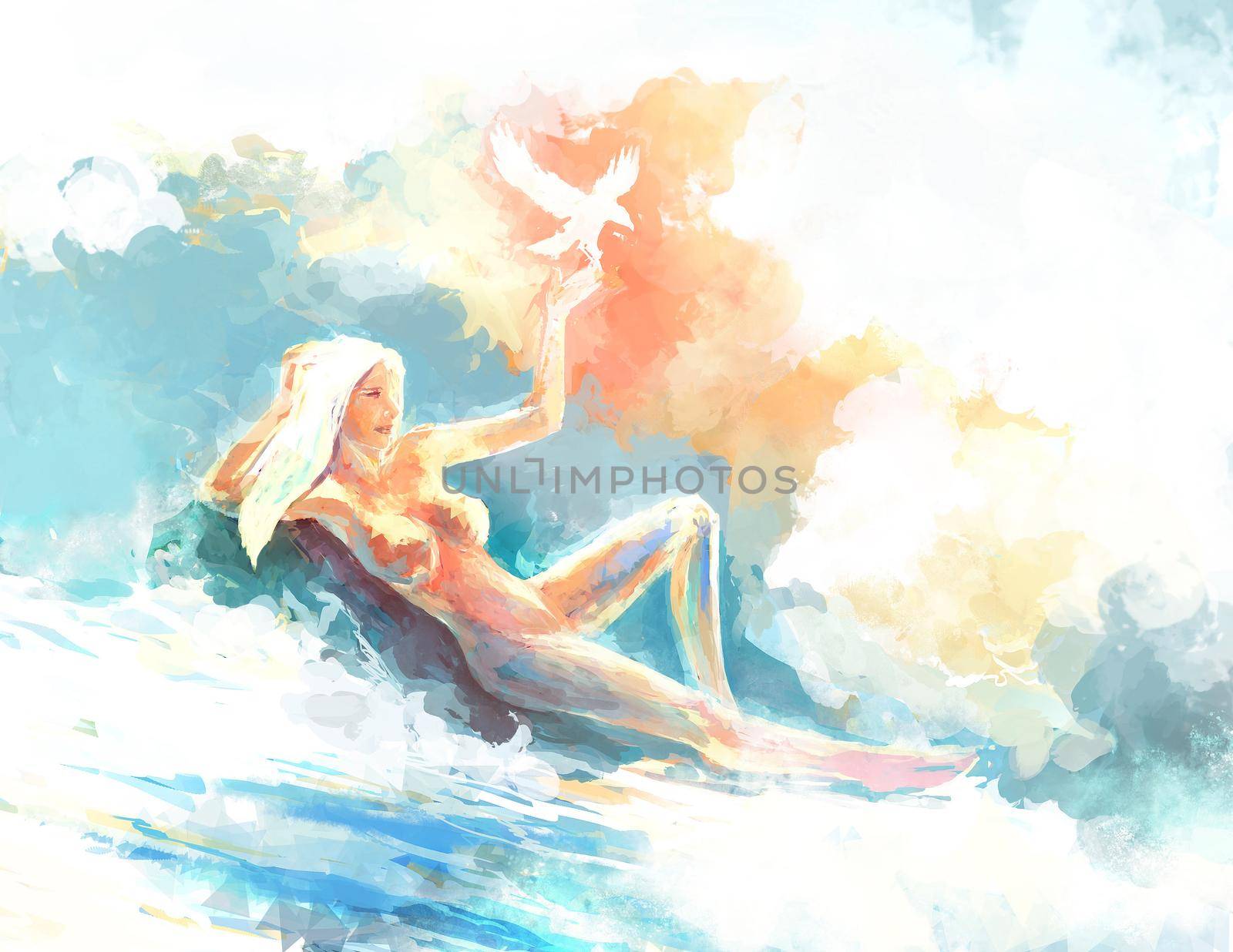 Nude Girl Posing while lying in the Snow with a Bird. Scenic Fantasy Illustration.