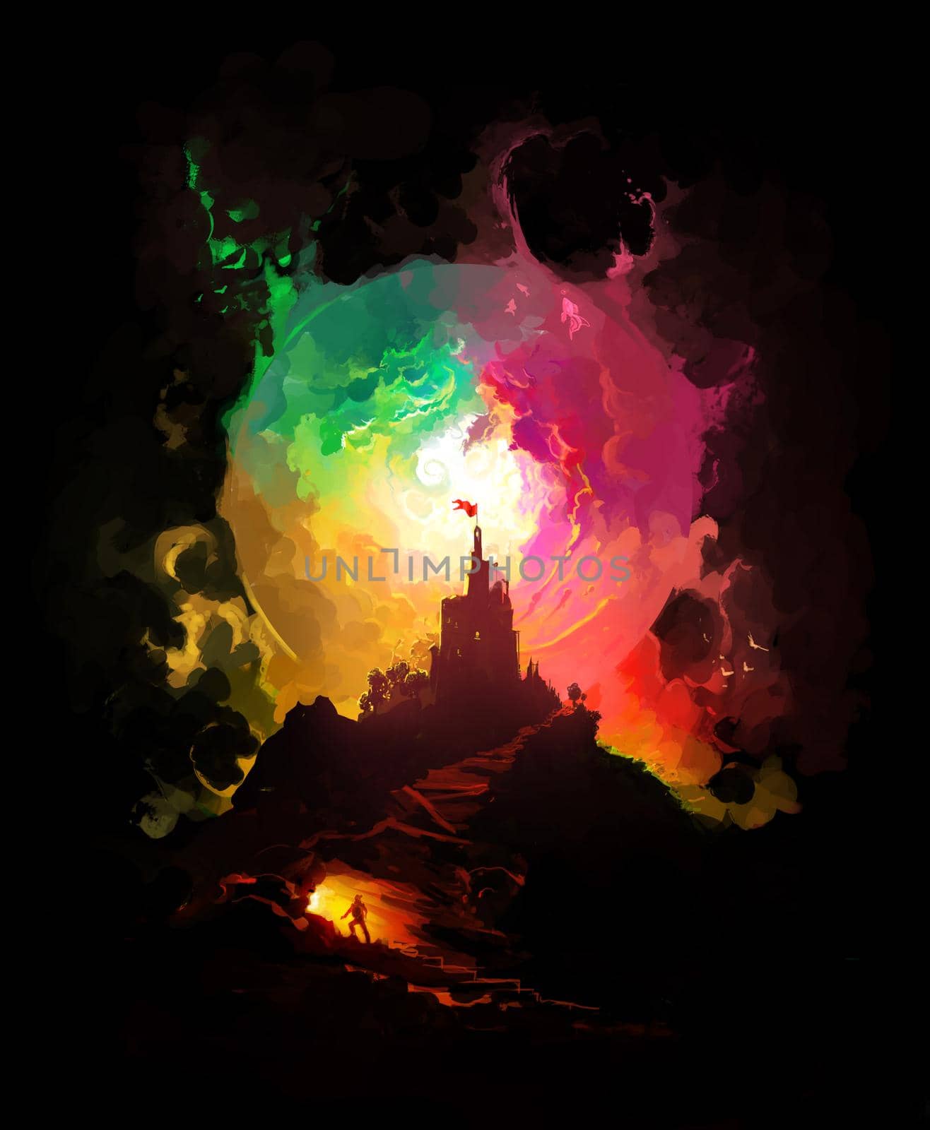 Fantasy Scenic Landscape Illustration with colorful Sky and Castle Tower of Fairytale Kingdom on the Mountain. 