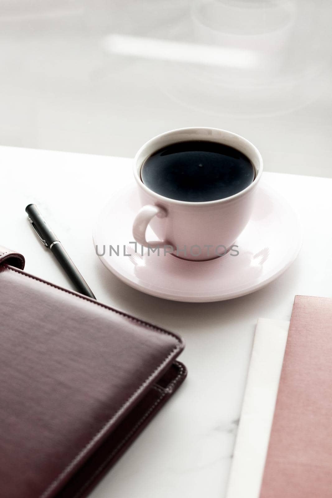 Office table desk and coffee cup, productivity concept by Anneleven