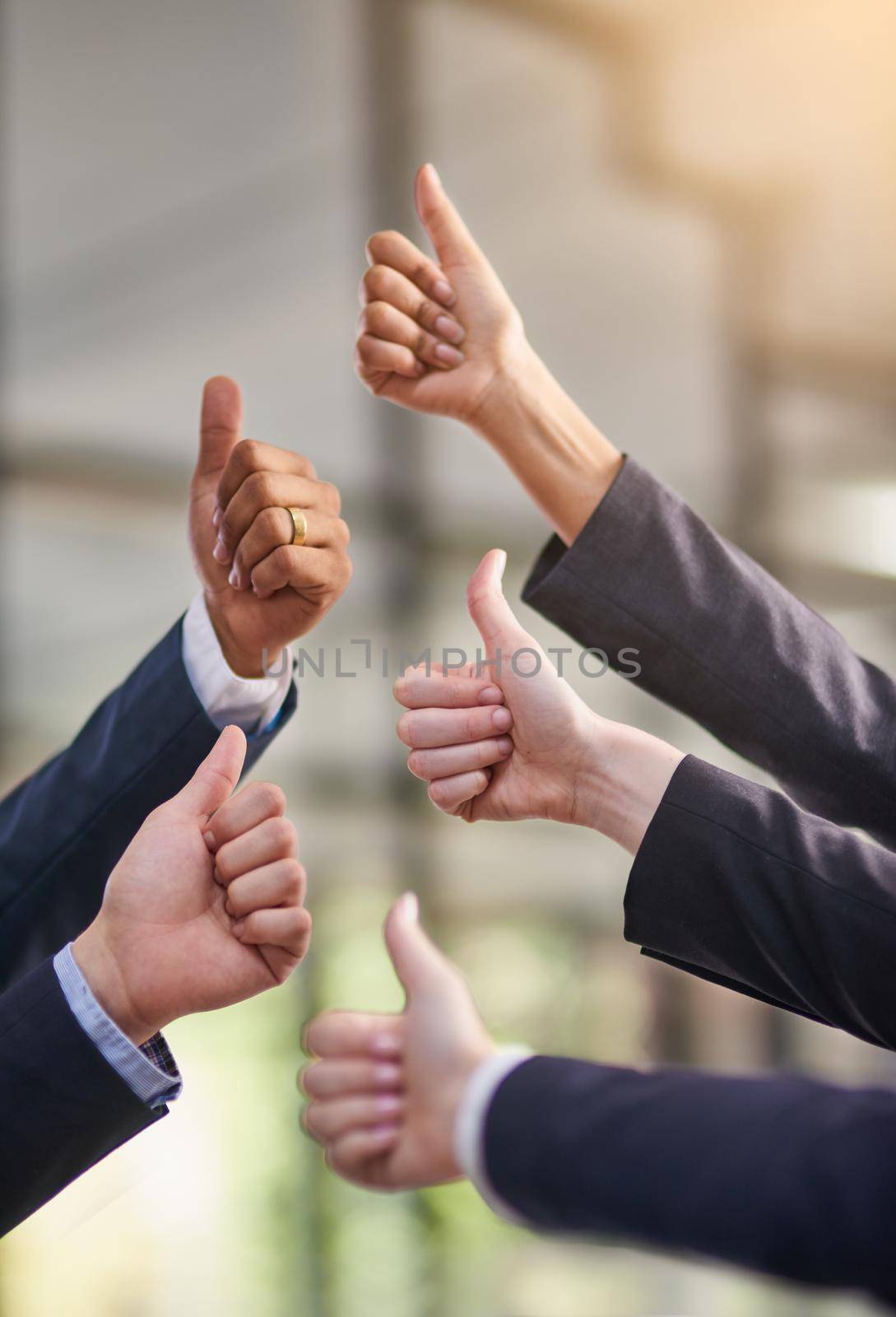 You aced it. a group of office workers giving thumbs up together