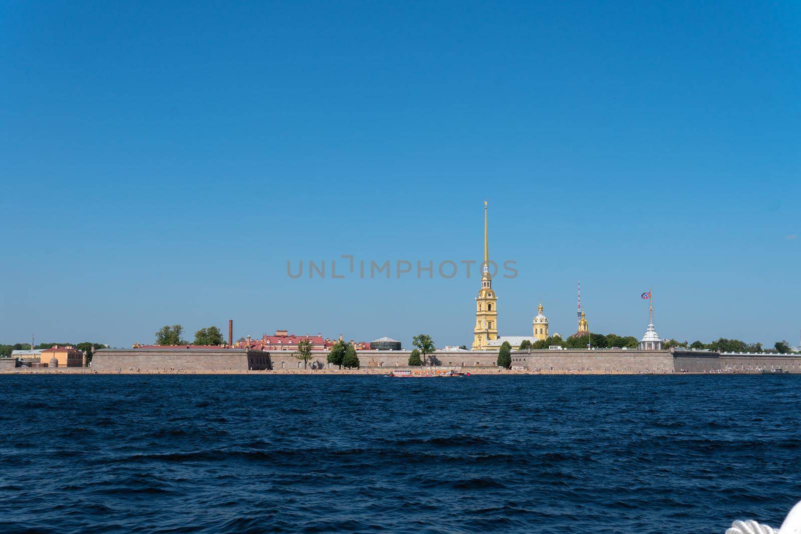 RUSSIA, PETERSBURG - AUG 20, 2022: Pauls blue summer view russian isaac frigate fortress petersburg, for church travel in river from history neva, skyline culture. Day etersburg, by 89167702191