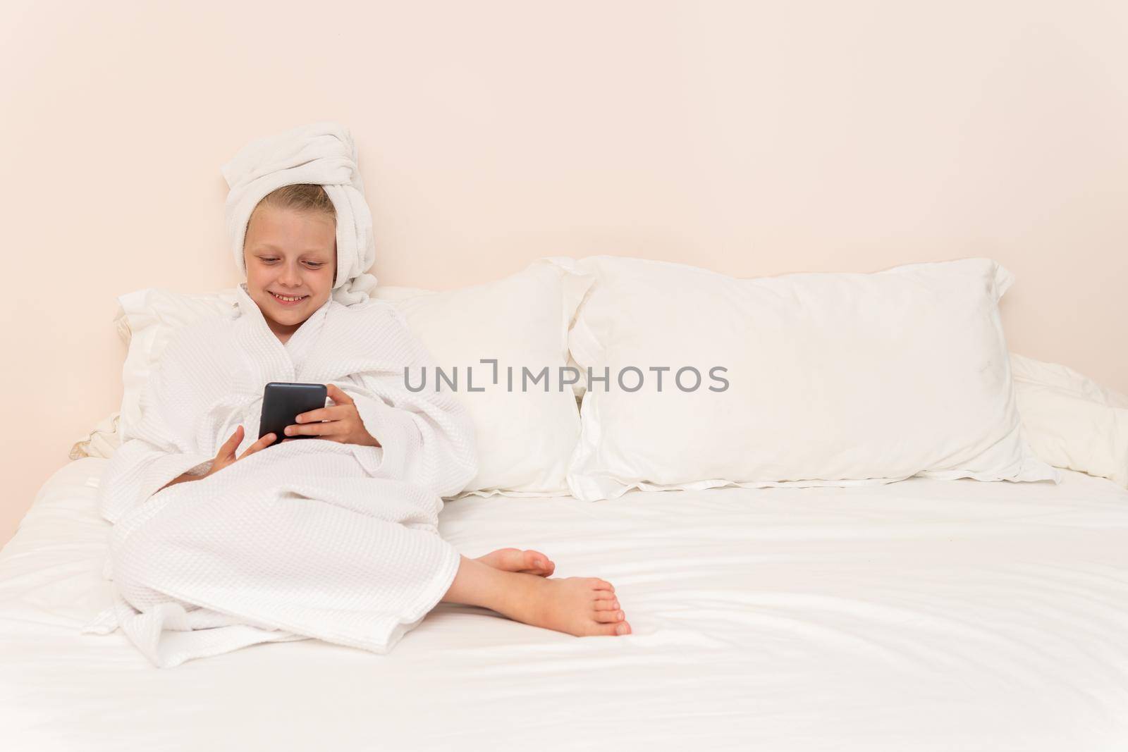 Copyspace girl cell white bathrobe portrait cute hygiene bathroom lifestyle, from hotel shower in beautiful for bed towel, child care. Hair funny fashion, by 89167702191