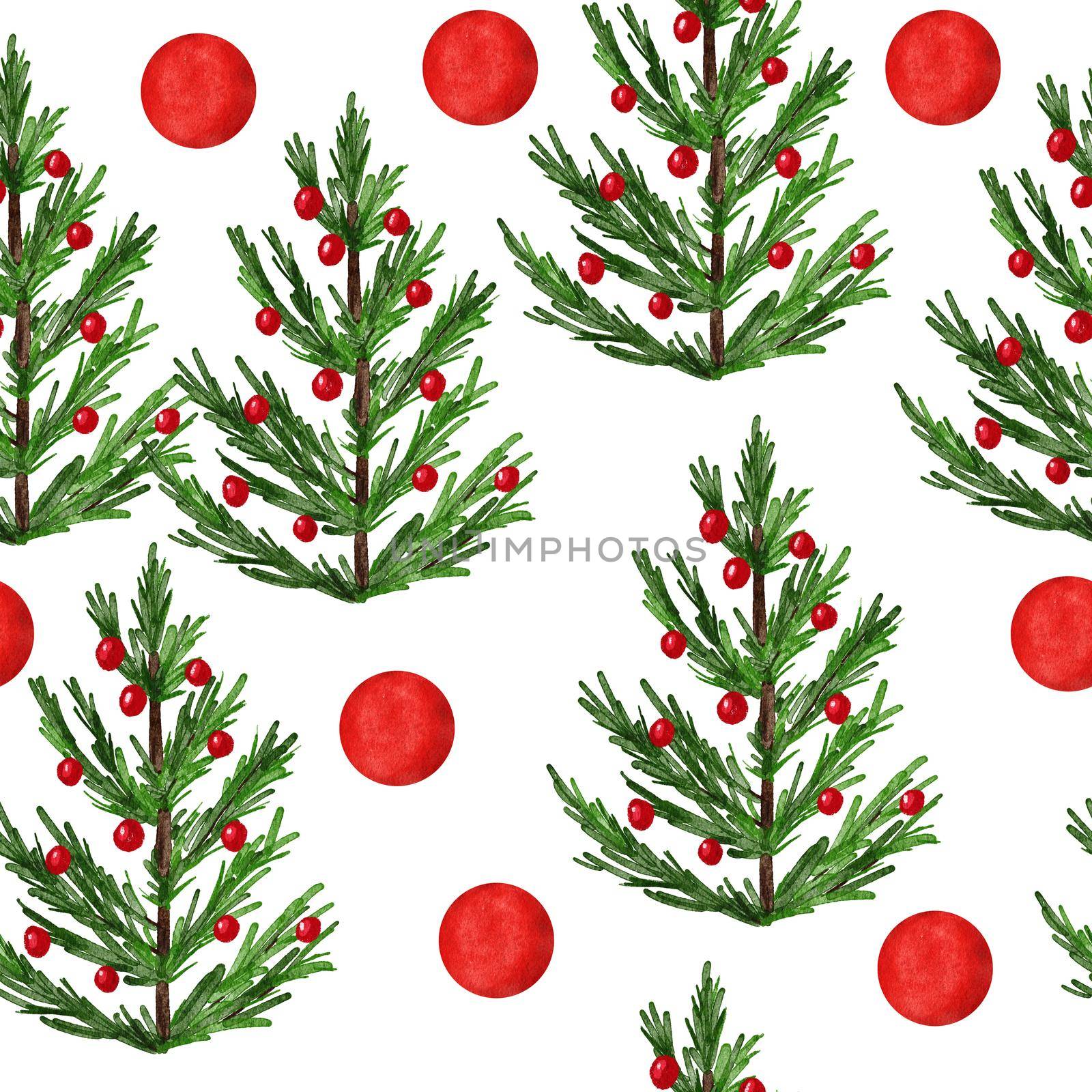 Hand drawn watercolor seamless pattern with Christmas trees. New year holiday december greeting decor, nordic scandinavian traditional wrapping paper print, green pine conifer spruce forest. by Lagmar