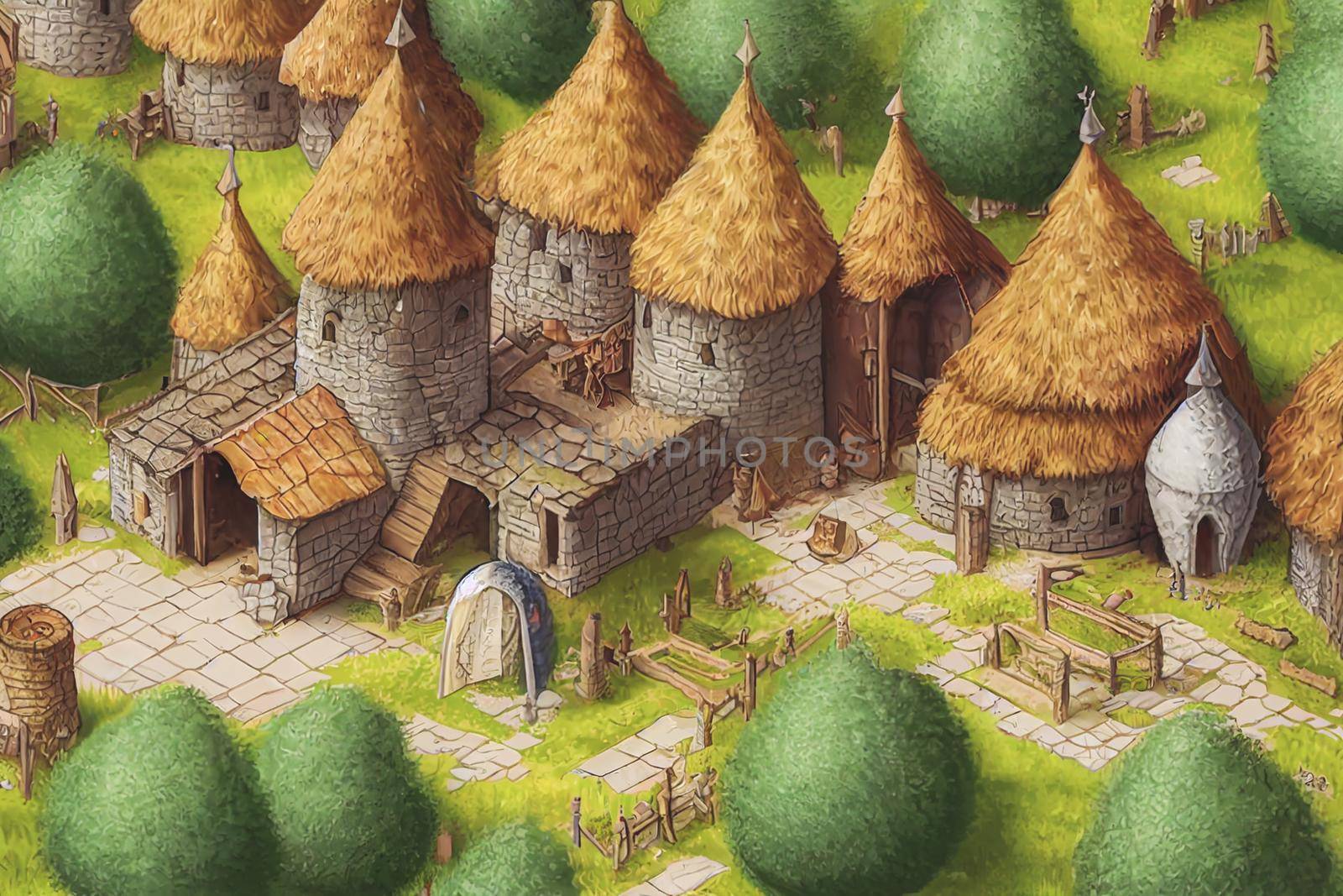 3D render of fantasy medieval village with a lot of buildings. Digital illustration design for game art background, storybook, wallpaper