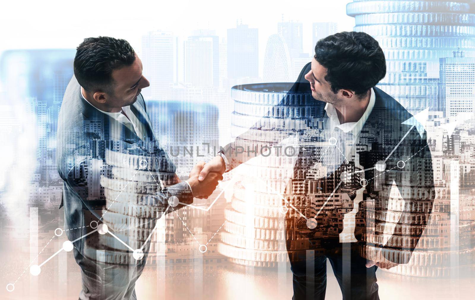 Business handshake on finance prosperity and money technology asset background . Economy and financial growth by investment in valuable stock market to gain wealth profit form currency trading