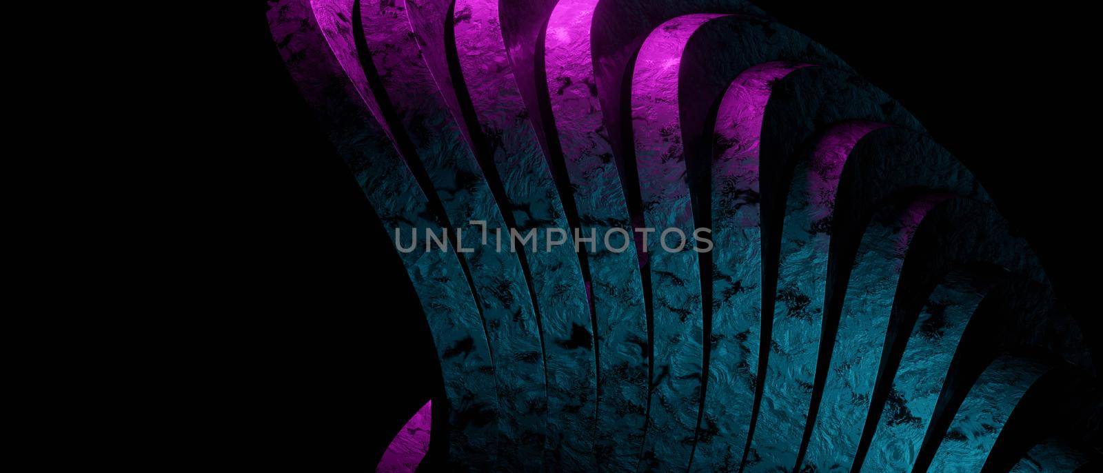 Unique Spiral Structure with Curve Architecture, 3D render Illustration Abstract Minimal Combination Color with Spotty Color Design with Black background. Rough Texture