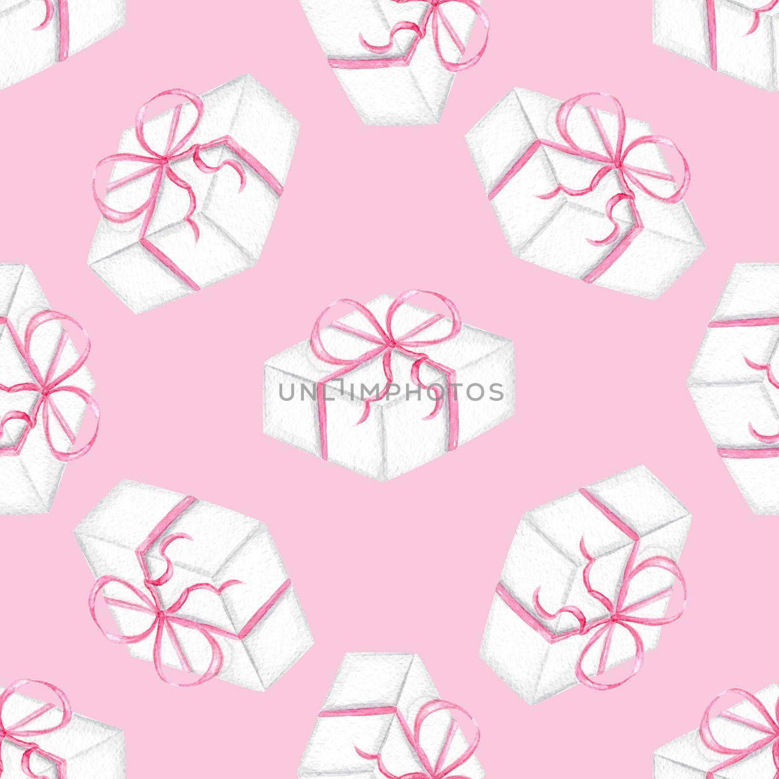 Watercolor white gift boxes seamless pattern on pink background