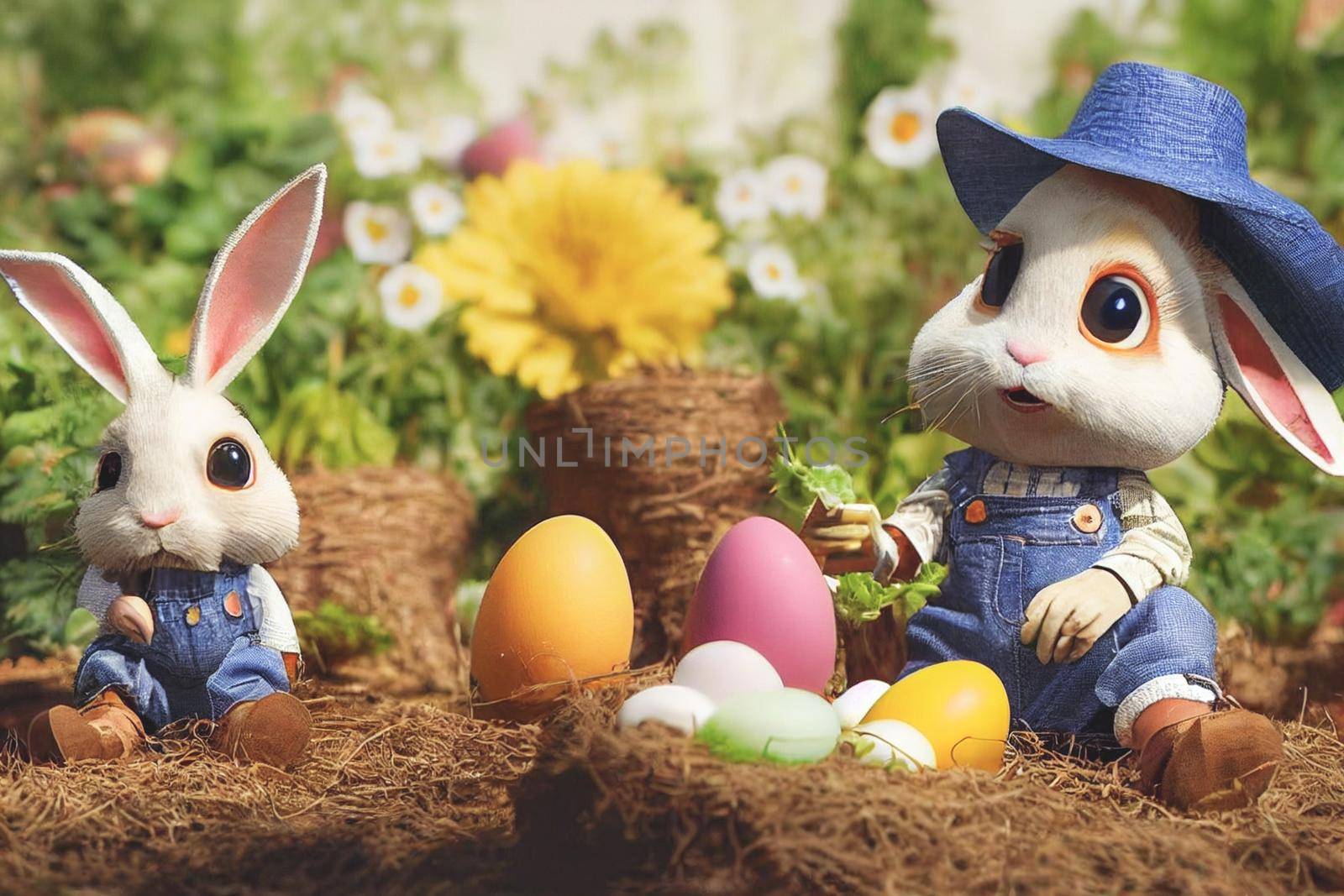 3D render of cute little rabbit peasant dressed in overalls, checkered shirt, straw hat, and long ears with farmer gear equipped in garden full of vegetables and easter eggs.