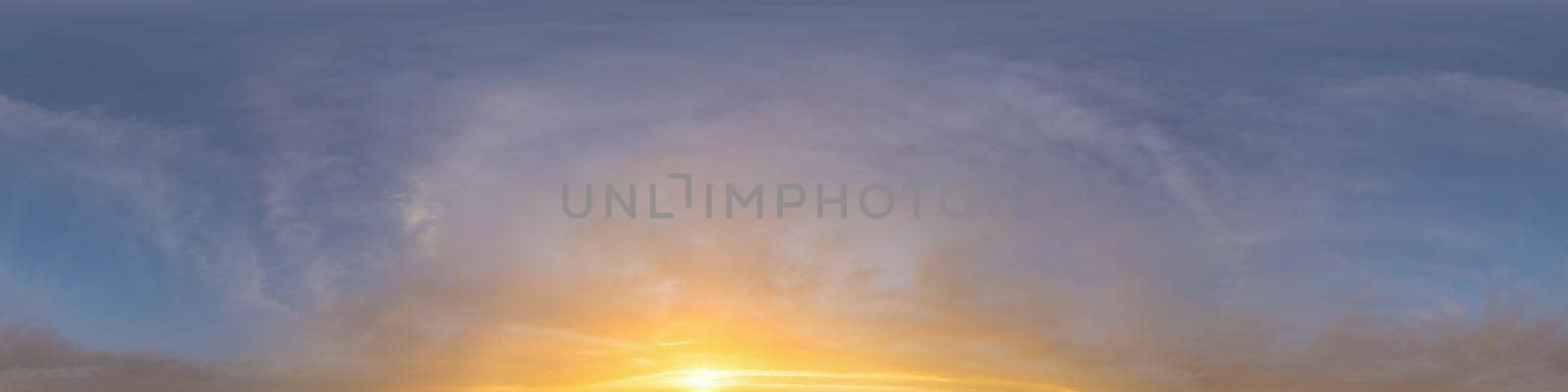 Sky panorama with Cirrus clouds in Seamless spherical equirectangular format. Full zenith for use in 3D graphics, game and editing aerial drone 360 degree panoramas for sky replacement