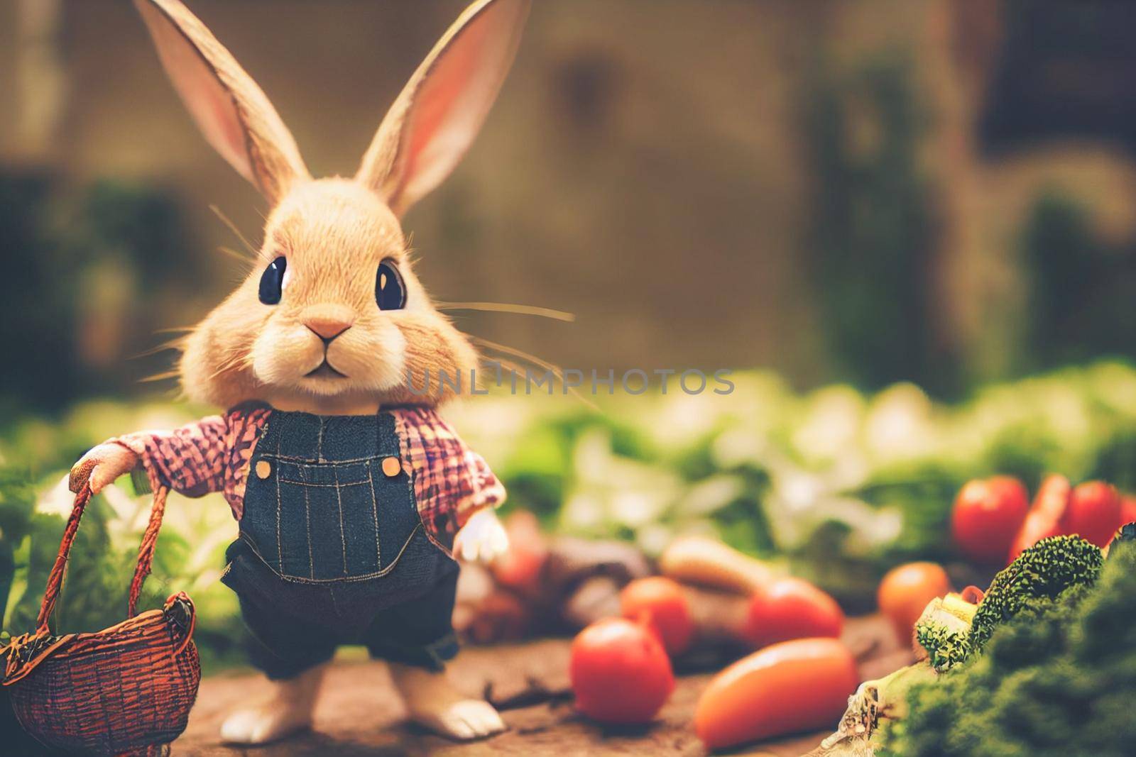 3D render of cute little rabbit peasant dressed in overalls, checkered shirt, straw hat, and long ears with farmer gear equipped in garden full of vegetables and easter eggs.