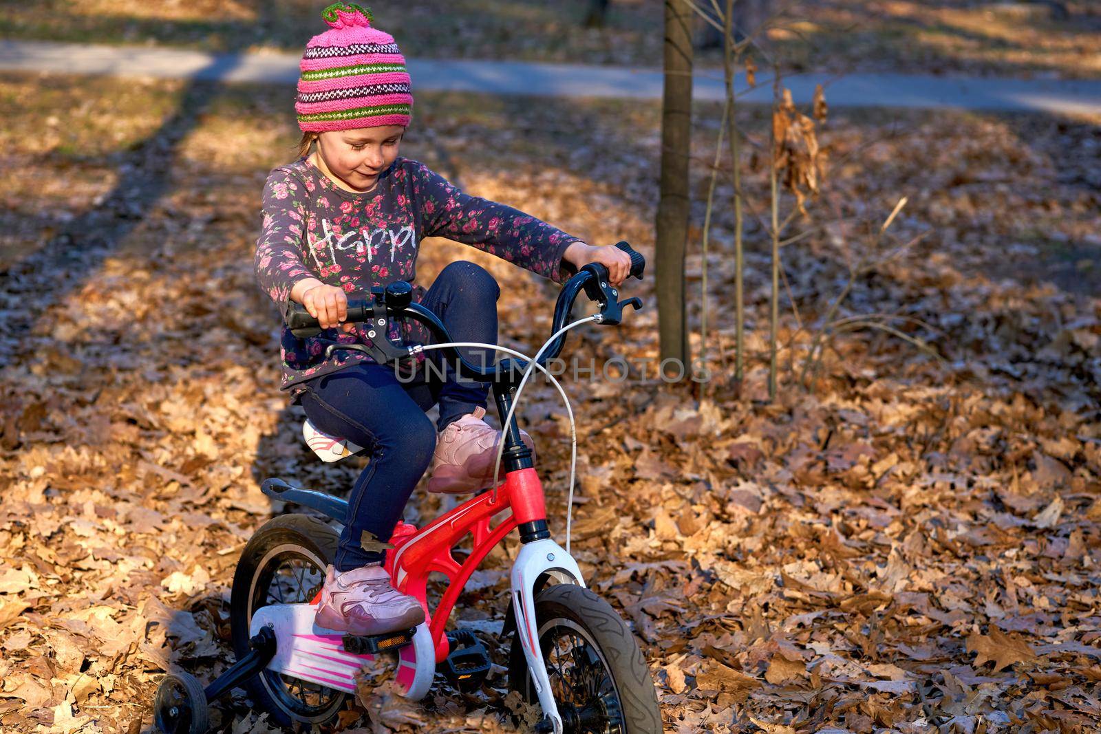 Joy child with a pink bike in the autumn park and bright colorful foliage by jovani68