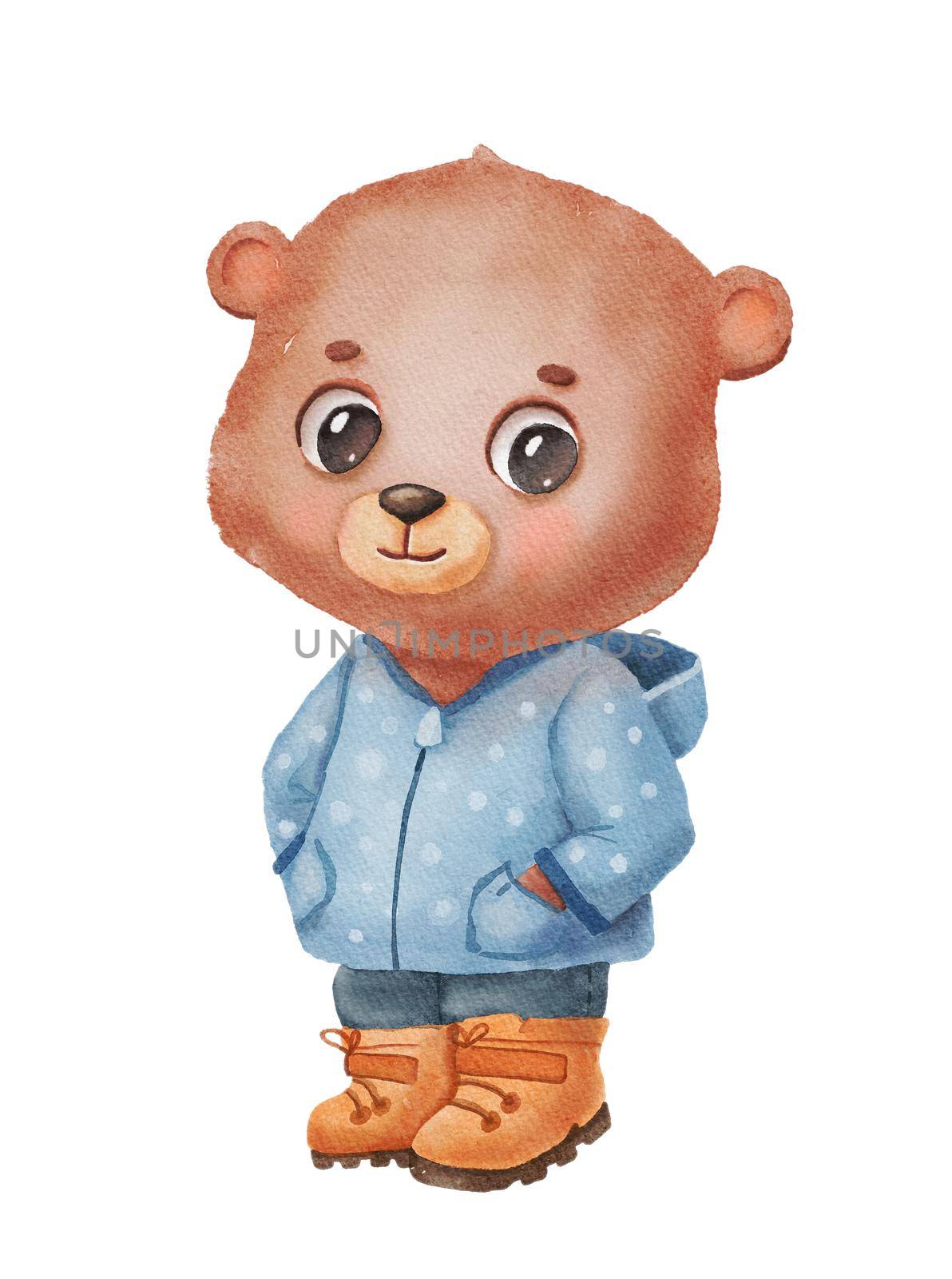 Illustration of watercolor cute teen bear in clothes. Hand drawn character forest animal isolated on white background.