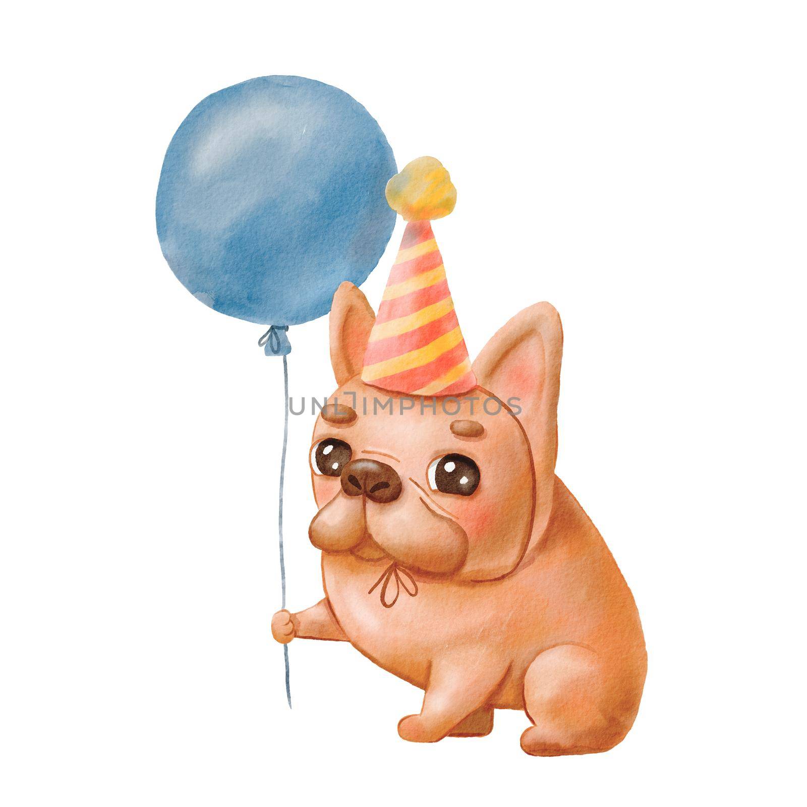 Watercolor cartoon funny dog and blue balloon. Cute French bulldog with festive hat for birthday cards.