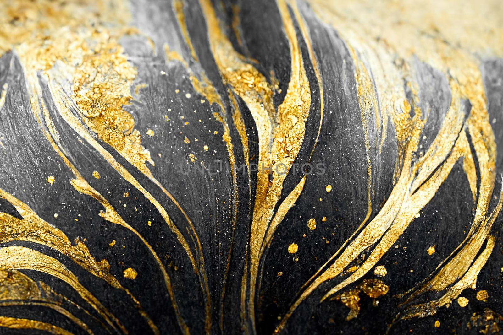 Spectacular realistic abstract backdrop of a whirlpool of black and gold. Digital art 3D illustration. Mable with liquid texture like turbulent waves background.