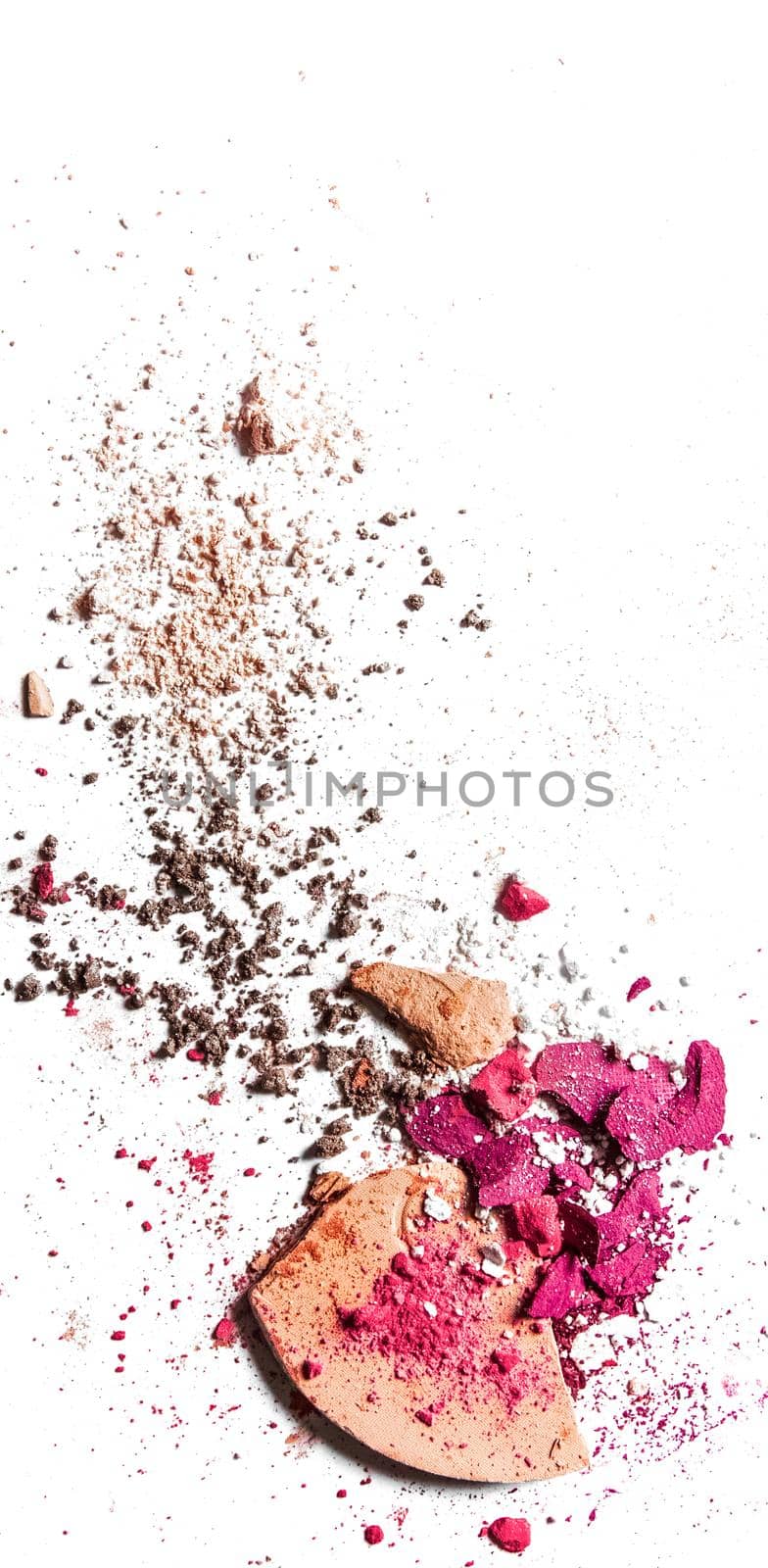 Beauty texture, cosmetic product and art of make-up concept - Crushed eyeshadow palette and powder close-up isolated on white background