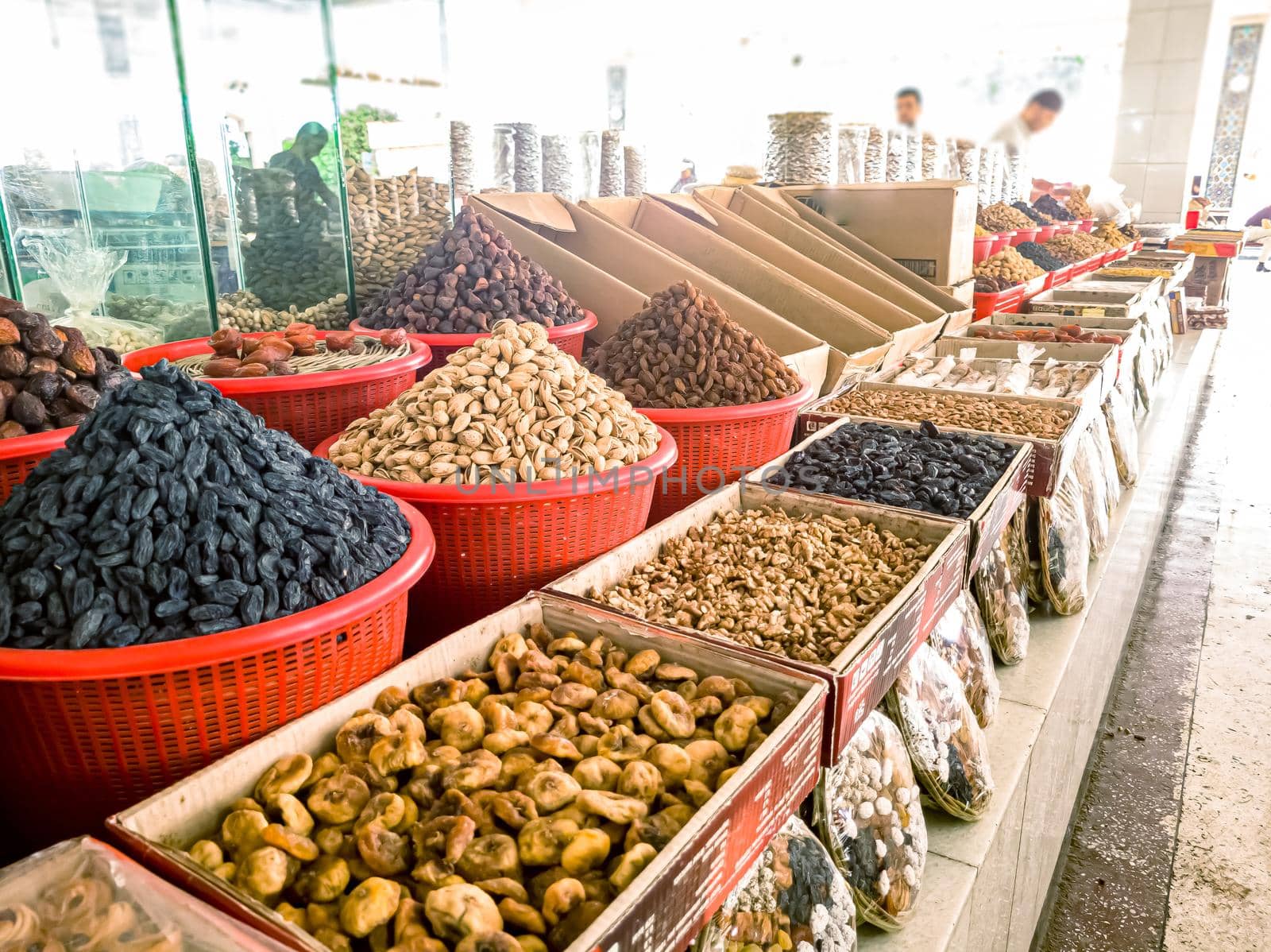 Oriental Bazaar. Almond peeled and unpeeled, nuts sales in market. Dry food, variety almonds in store. Concept of healthy eating, raw product, bazaar, diet, almond theme by Milanchikov