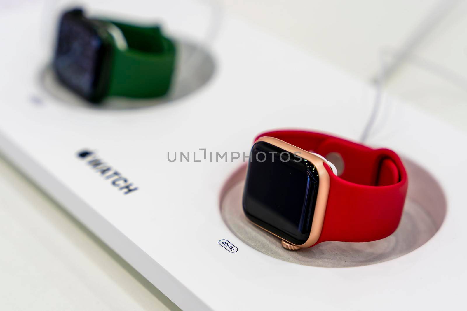 ST. PETERSBURG, RUSSIA - AUGUST 14, 2022: Close-up of an Apple Iwatch smartwatch in an electronics store window