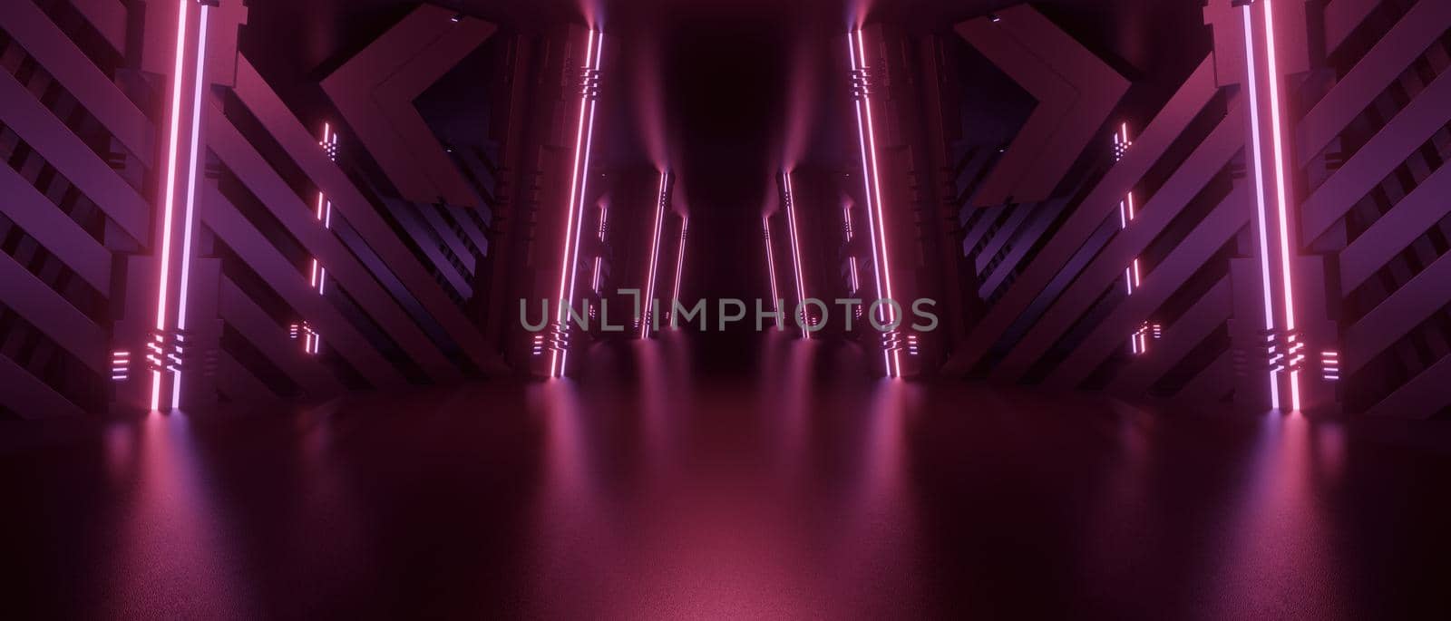 Creative Alien Reflective Concrete Corridor Tunnel Empty Room Inspiring Purple Pink Banner Background Product Display 3D Rendering by yay_lmrb