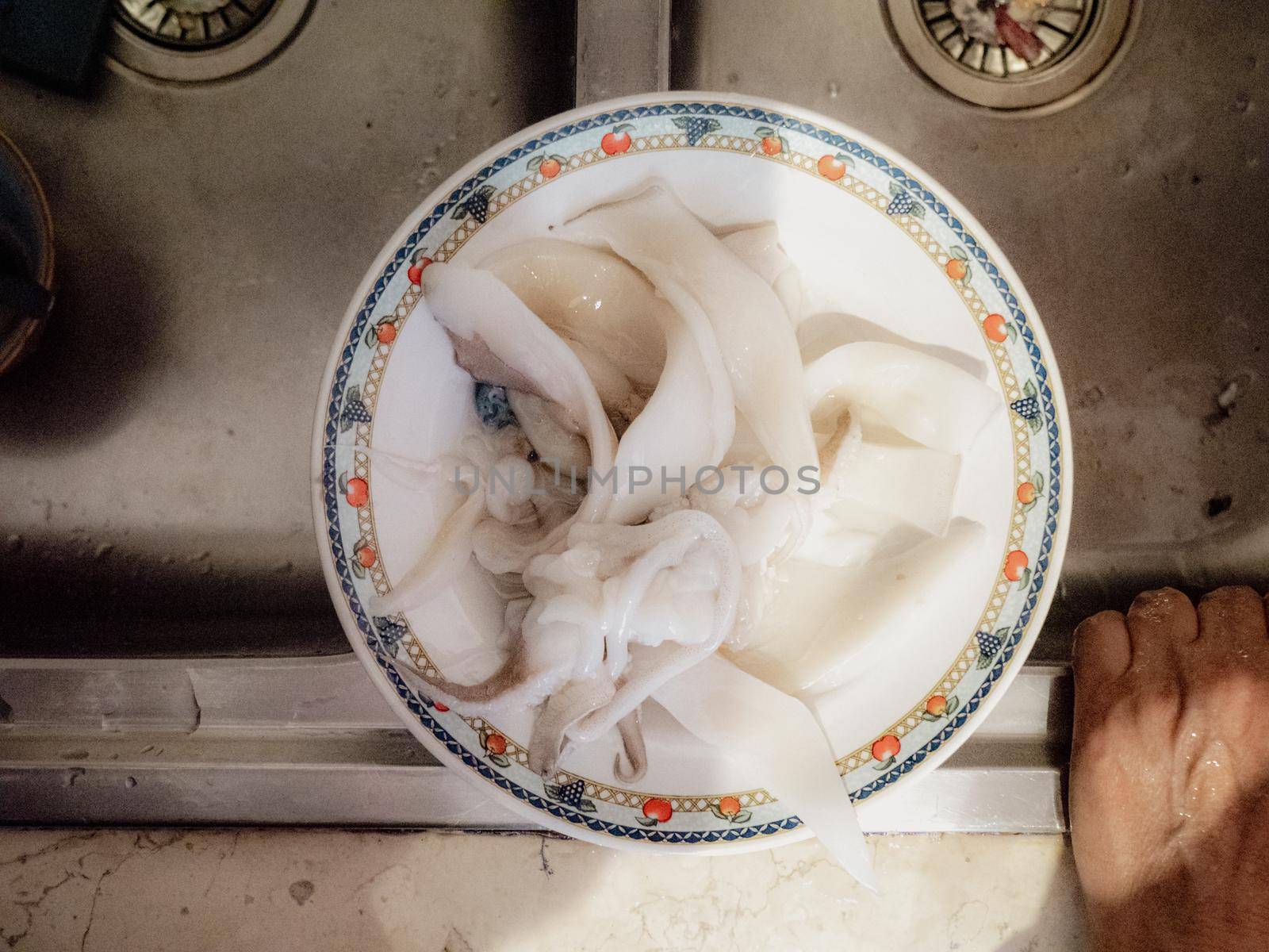 cleaning a raw adriatic cuttlefish at home in Numana, Marche, Italy