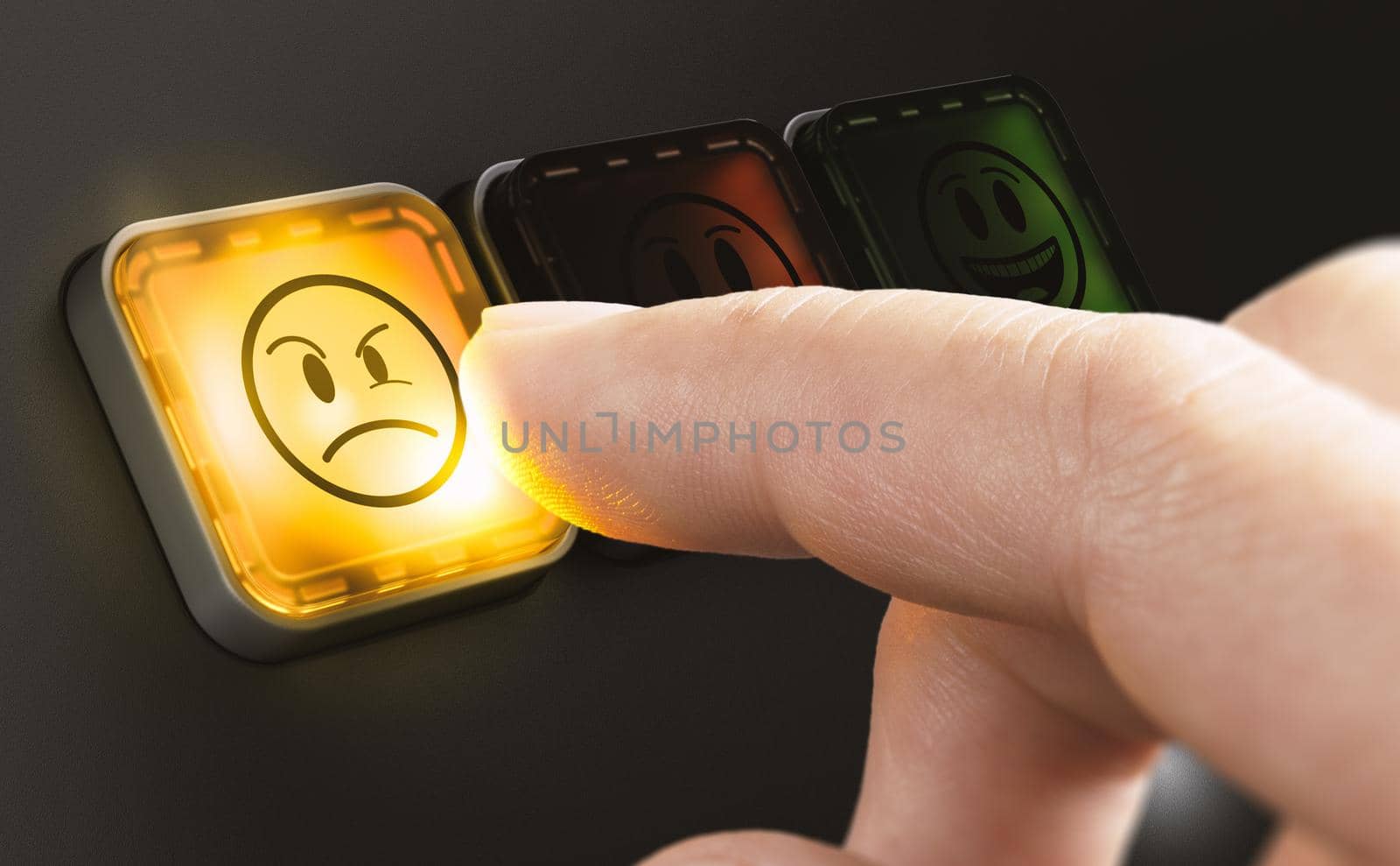Unhappy customer leaving a negative feedback. Bad user experience. Composite image between a 3d illustration and a photography.