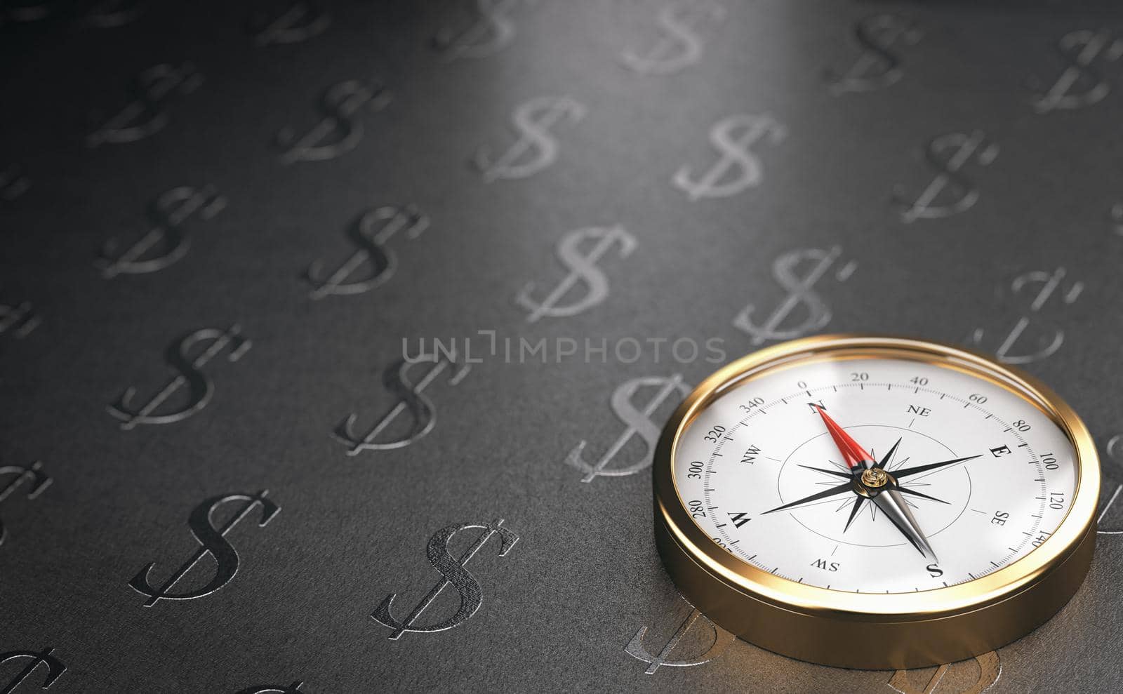 Financial advisory services. Golden compass over black background with dollar symbols and copy space. 3D illustration