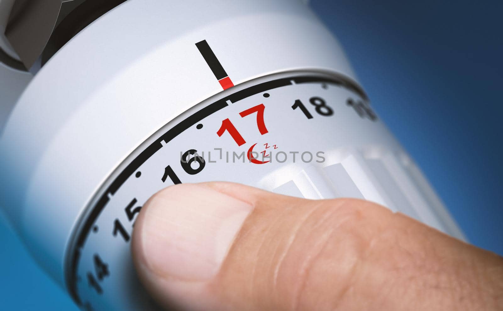 Man setting thermostat temperature to 17 degrees at night. Composite image between a 3d illustration and a photography.