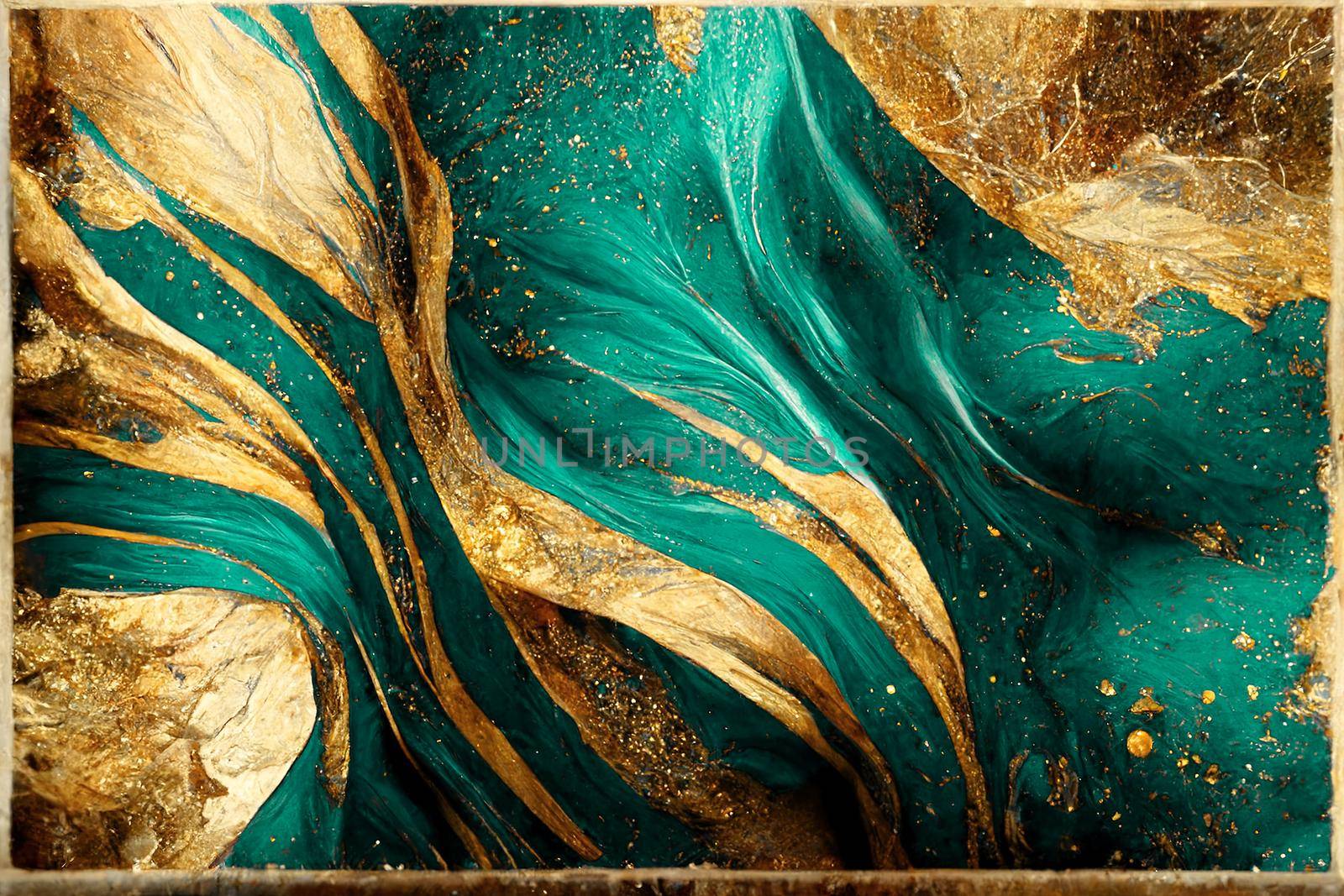 Spectacular realistic abstract backdrop of a whirlpool of teal and gold. Digital art 3D illustration. Mable with liquid texture like turbulent waves background.
