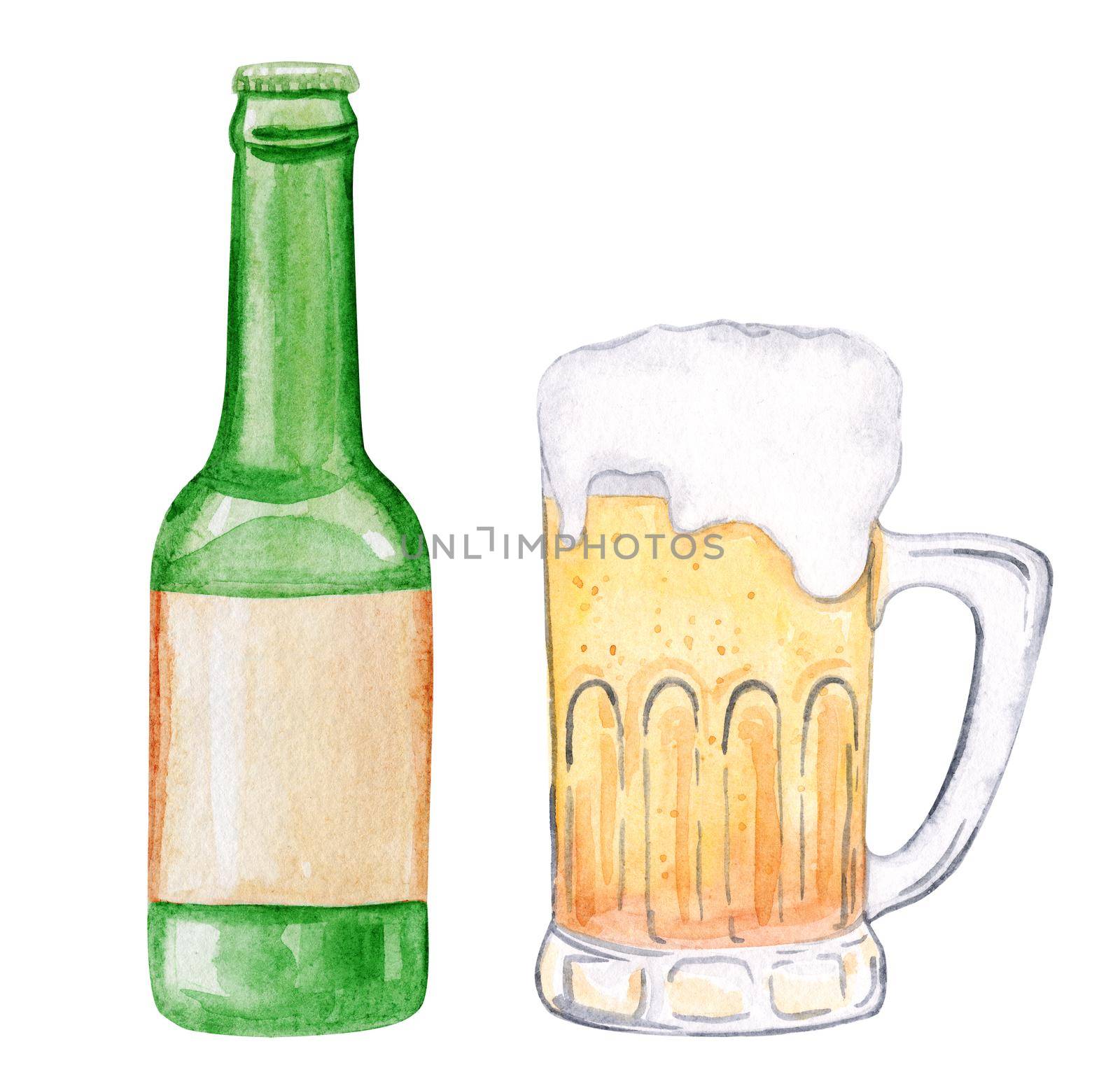 Watercolor beer and mug set isolated on white background. Hand drawn geen glass bottle
