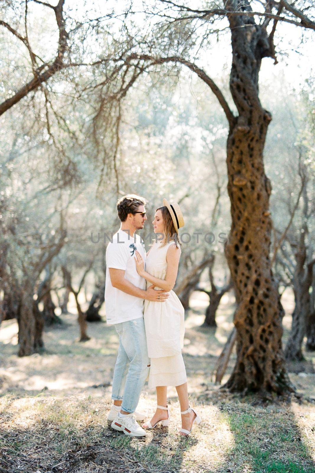Man and woman hugging in an olive grove. High quality photo