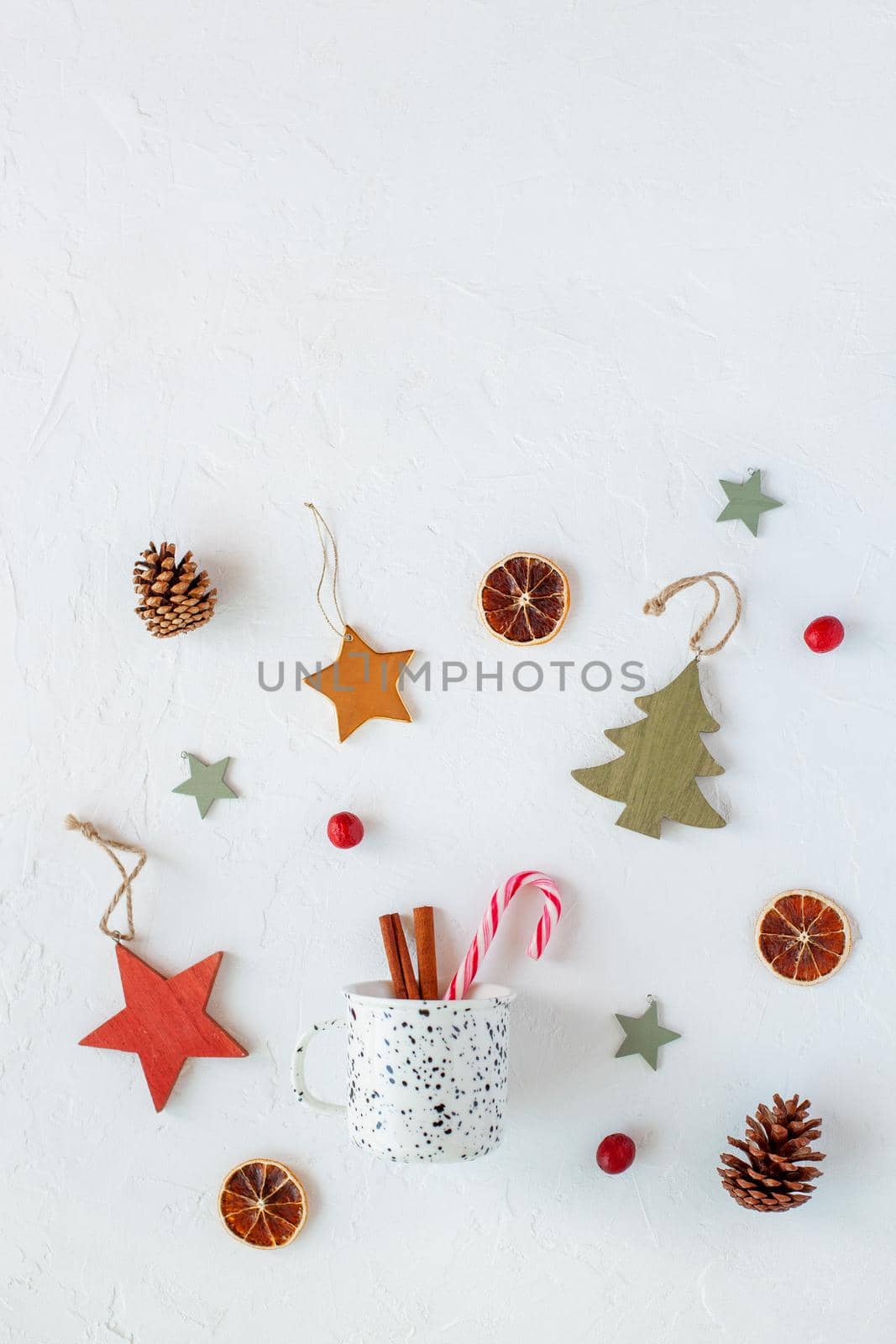Christmas background with Christmas zero waste decoration, top view, copy space