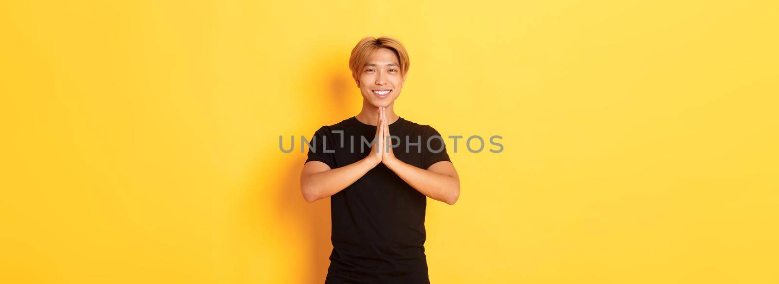 Portrait of thankful smiling asian blond guy holding hands together in pray, standing yellow background.