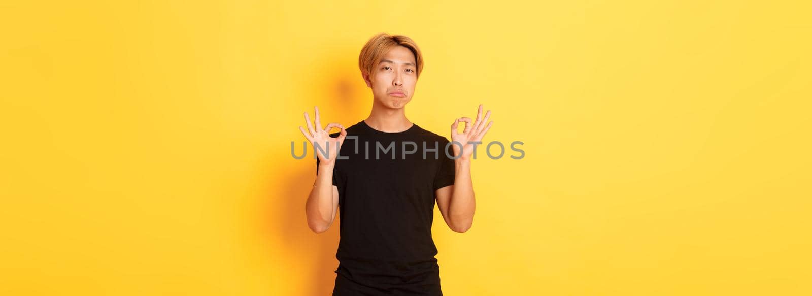 Impressed asian stylish guy with blond hair, showing okay gesture and praise something good, standing yellow background by Benzoix