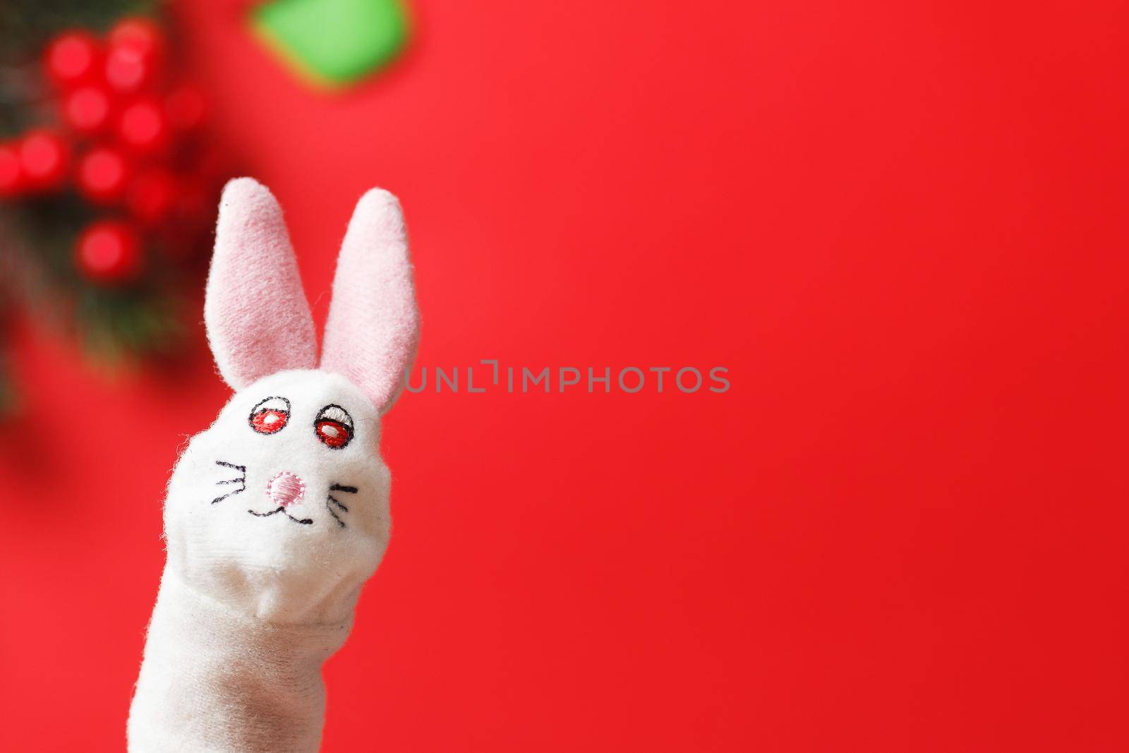 Symbol of 2023 rabbit on a red background. copy space