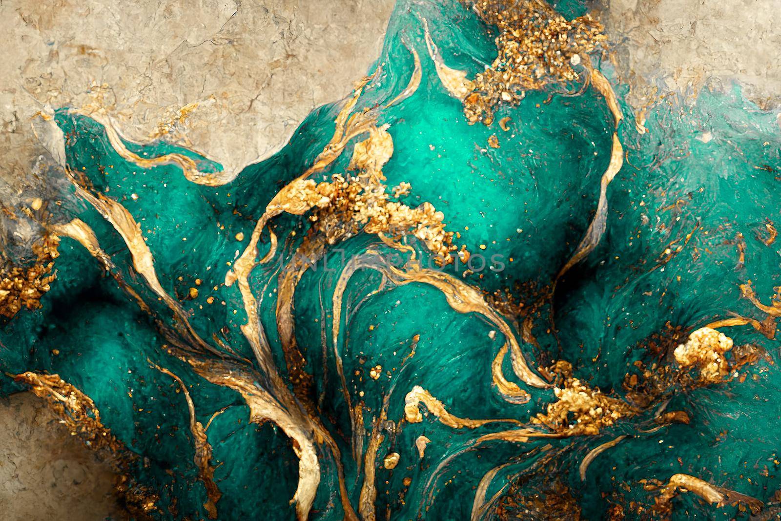 Spectacular dark teal and gold ink swirled around. Digital art 3D illustration. by biancoblue